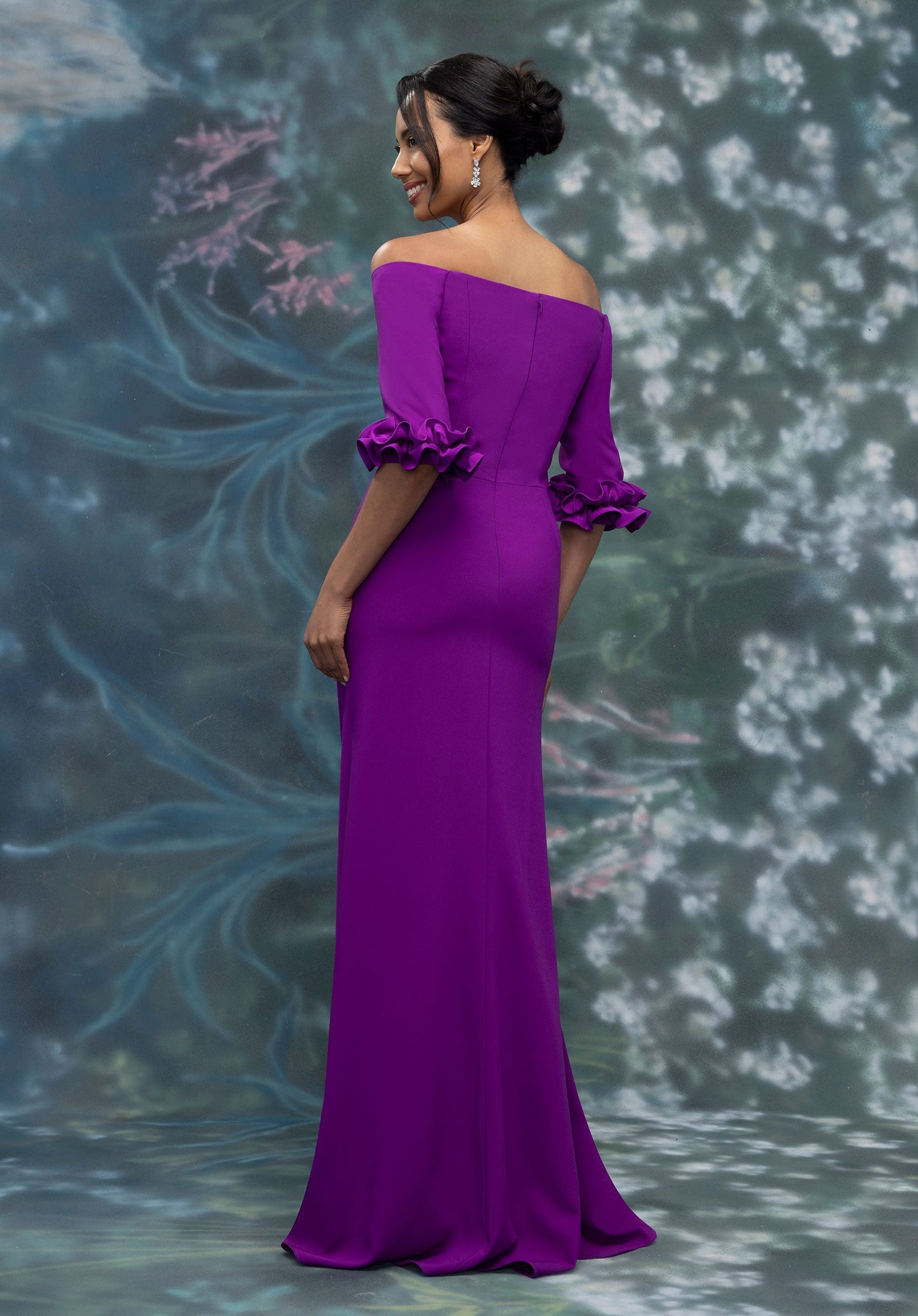 Off The Shoulder Crepe Fit and Flare Evening Gown with Petal Cuffs