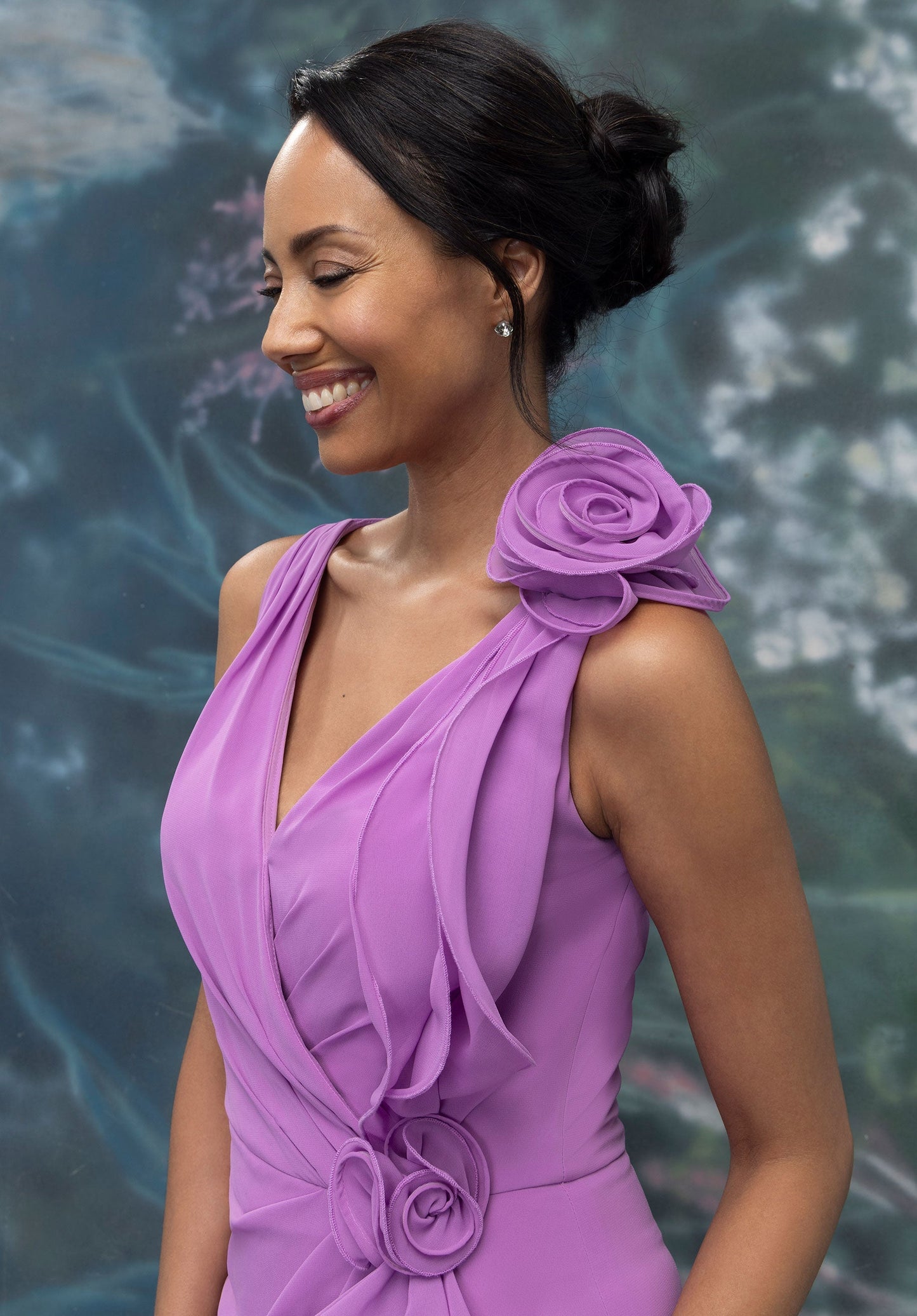 Draped Cascading Ruffle Chiffon Evening Gown with 3D Flowers