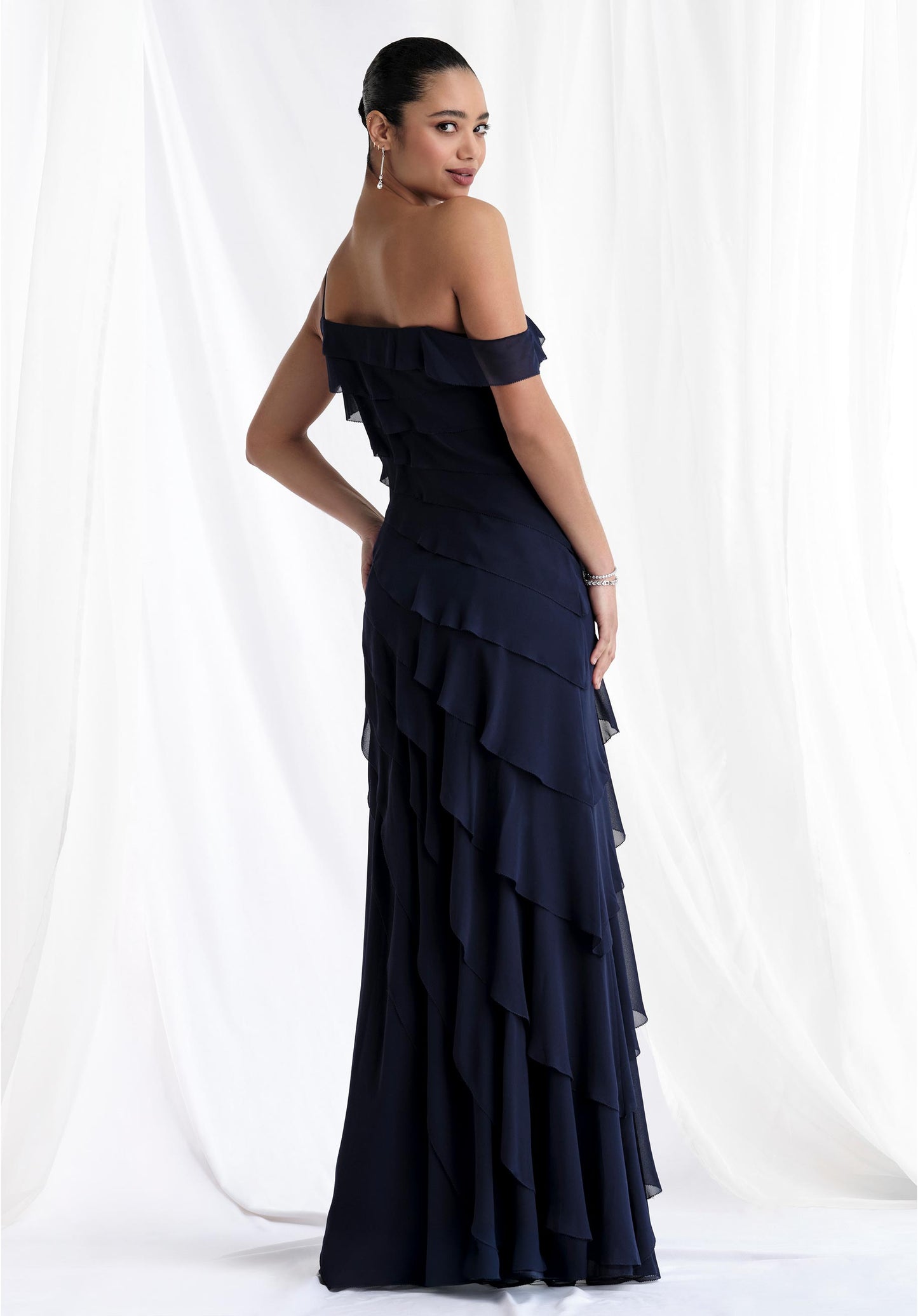 Tiered Chiffon One Shoulder Evening Gown