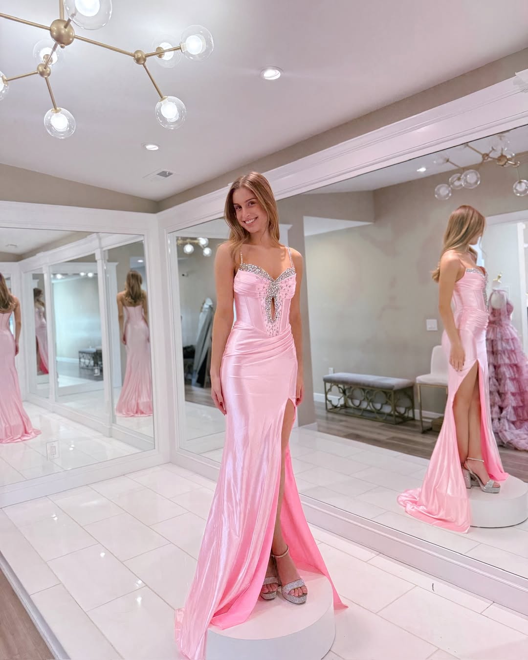 Gorgeous Beaded Straps Mermaid Evening Dress with Slit Satin Formal Party Gown