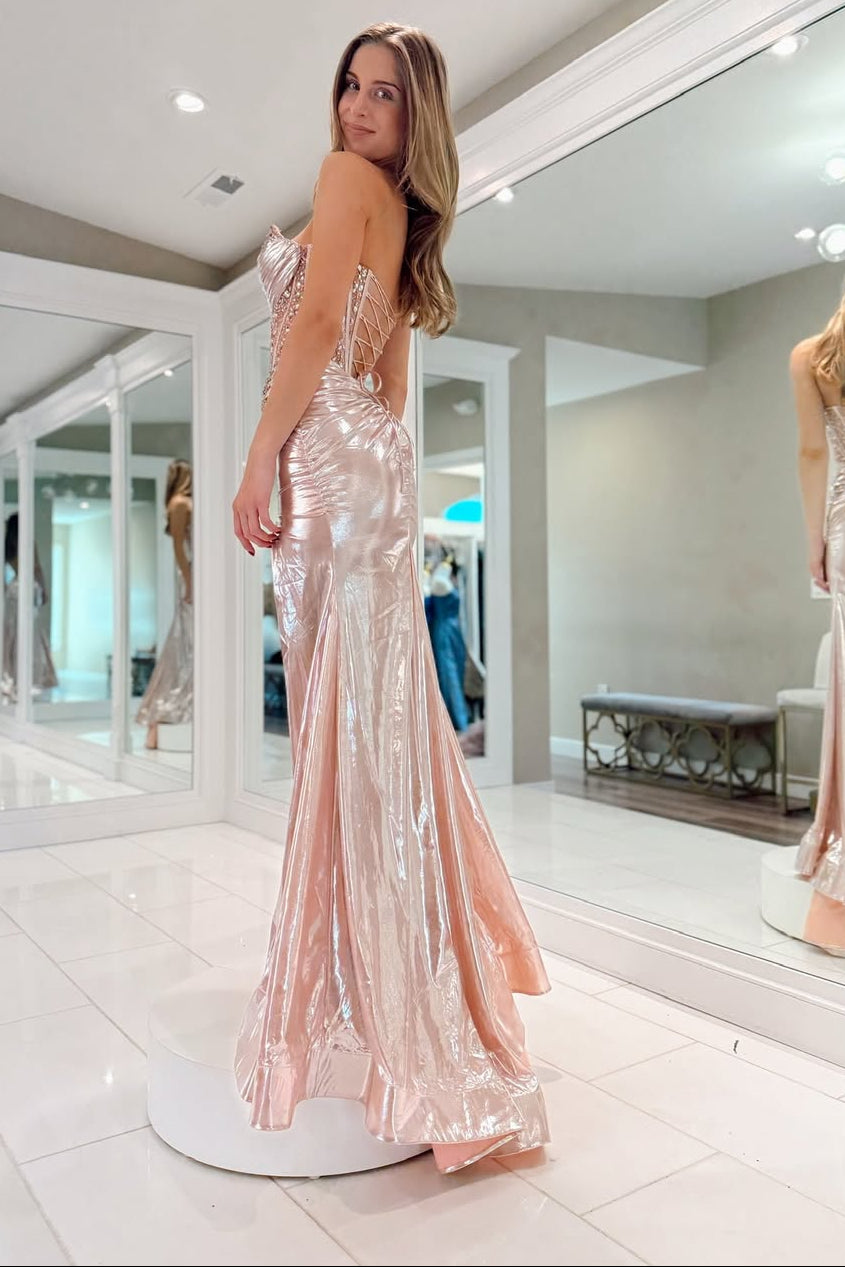 Pink Applique Corset Sweetheart Strapless with Slit Evening Dress Formal Party Gown