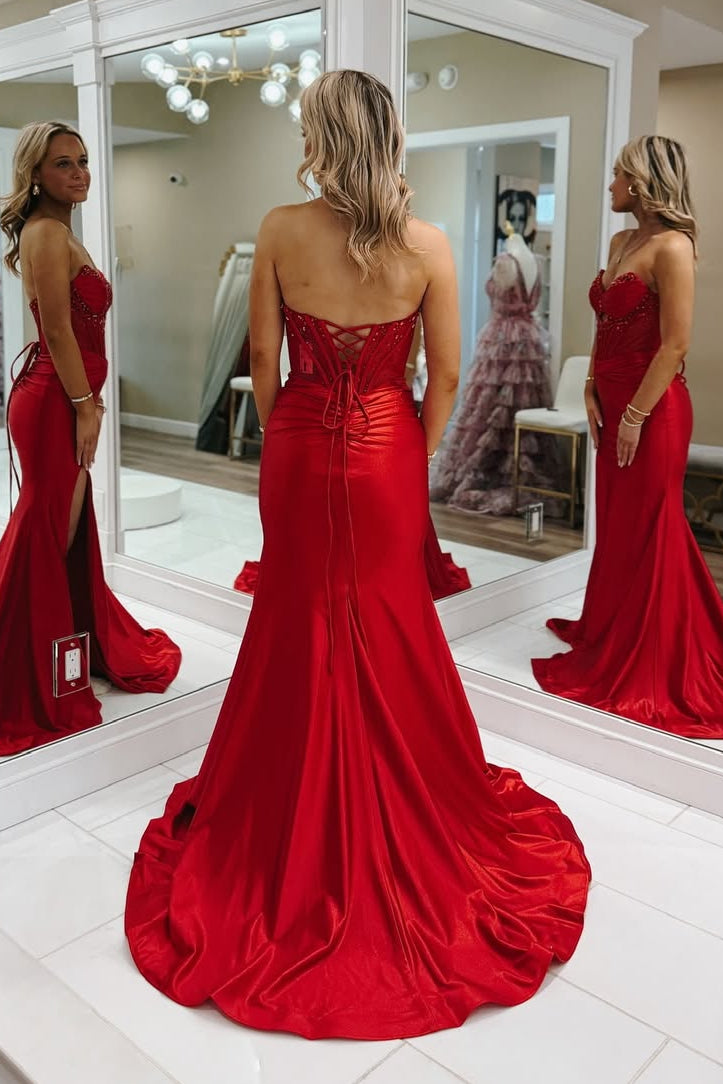 Stunning Red Beaded Sweetheart with Train Evening Dress Formal Party Gown