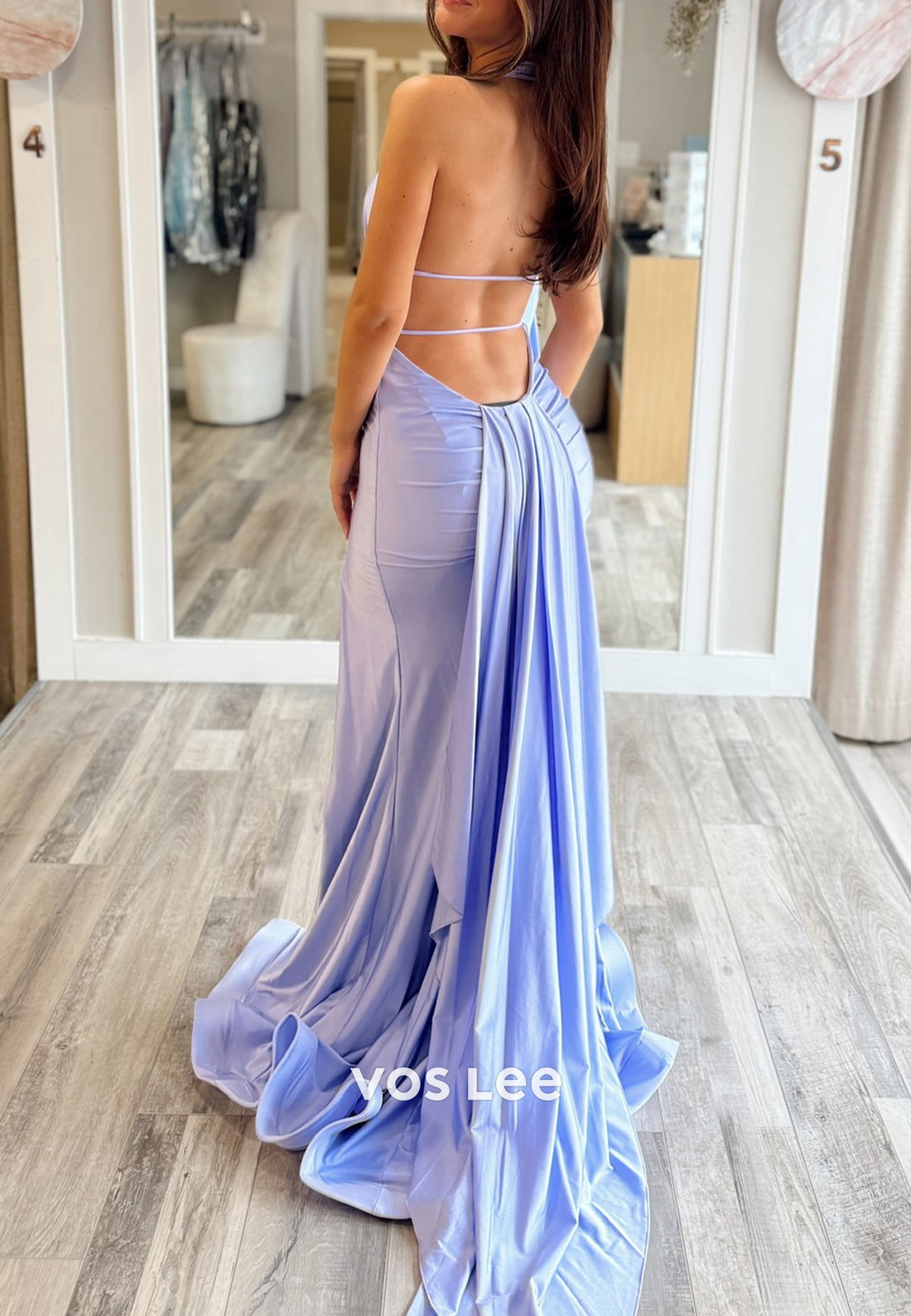 Simple & Casual Halter V Neck Pleated Mermaid Long Prom Dresses with High Split