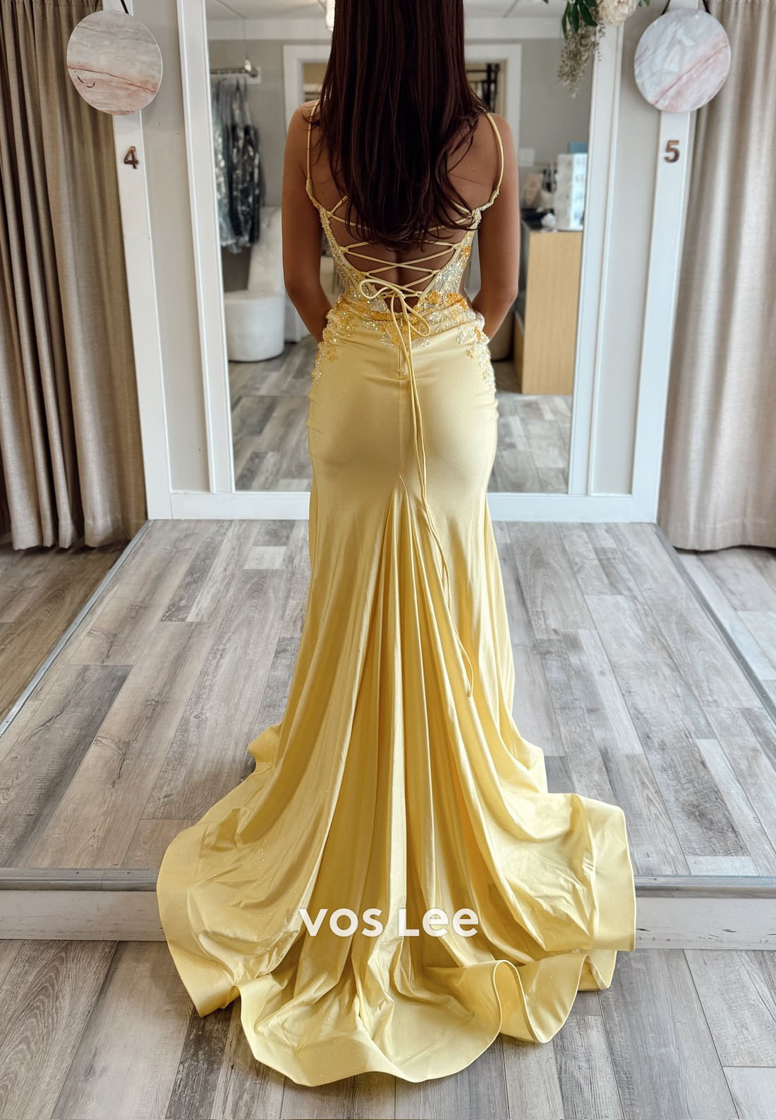 Yellow Sweetheart Long Floral Appliqués Sheath Dress