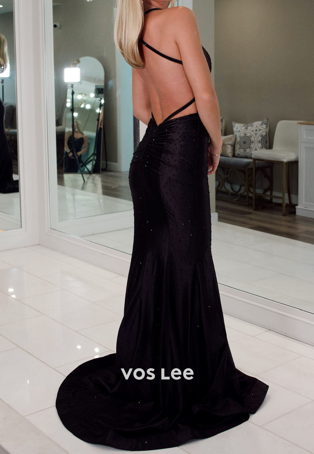 Black Spaghetti Straps Sheath Long Prom Dresses With Bead