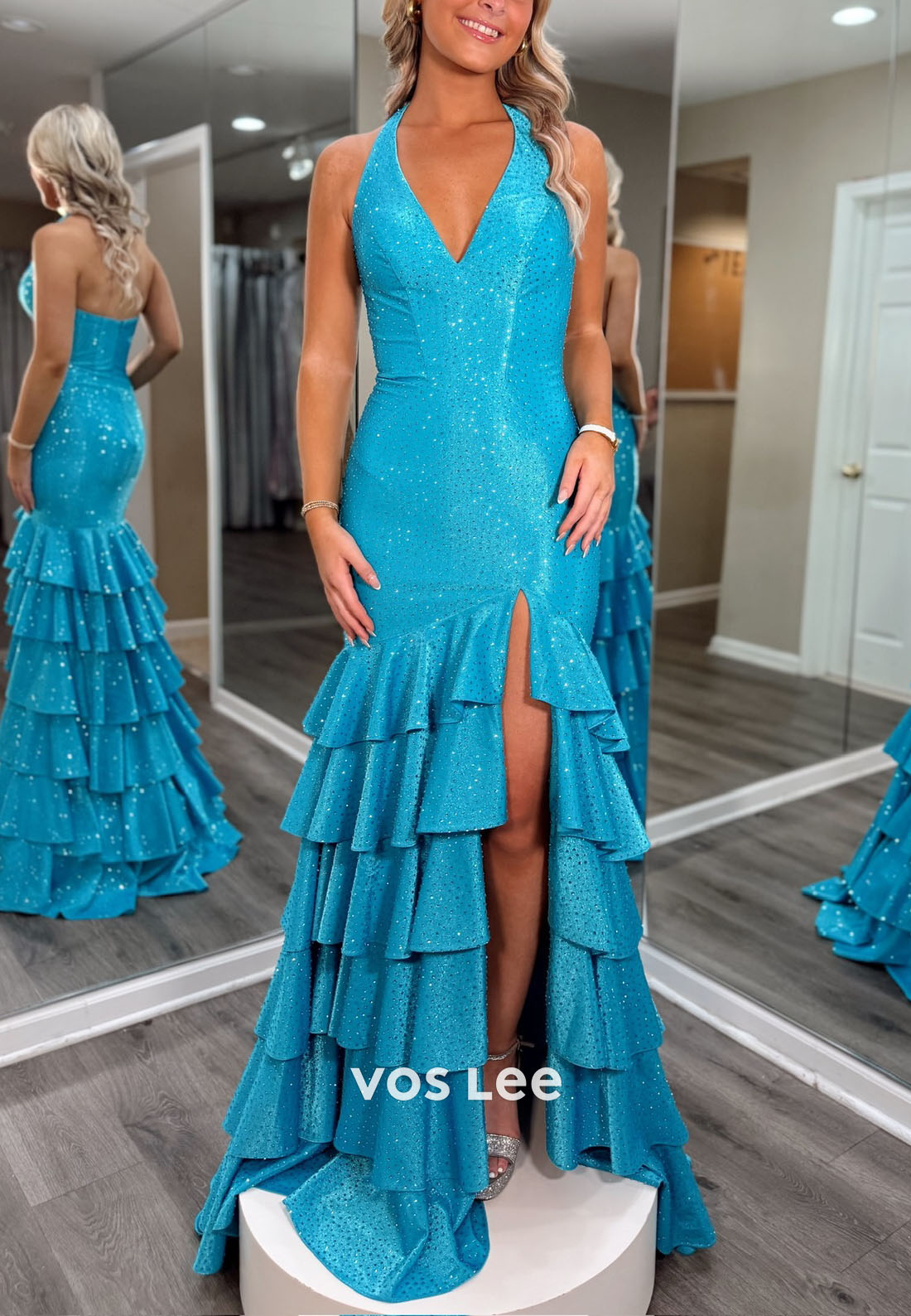 Shining Halter Split Tiered Ruffles Long Prom Dress