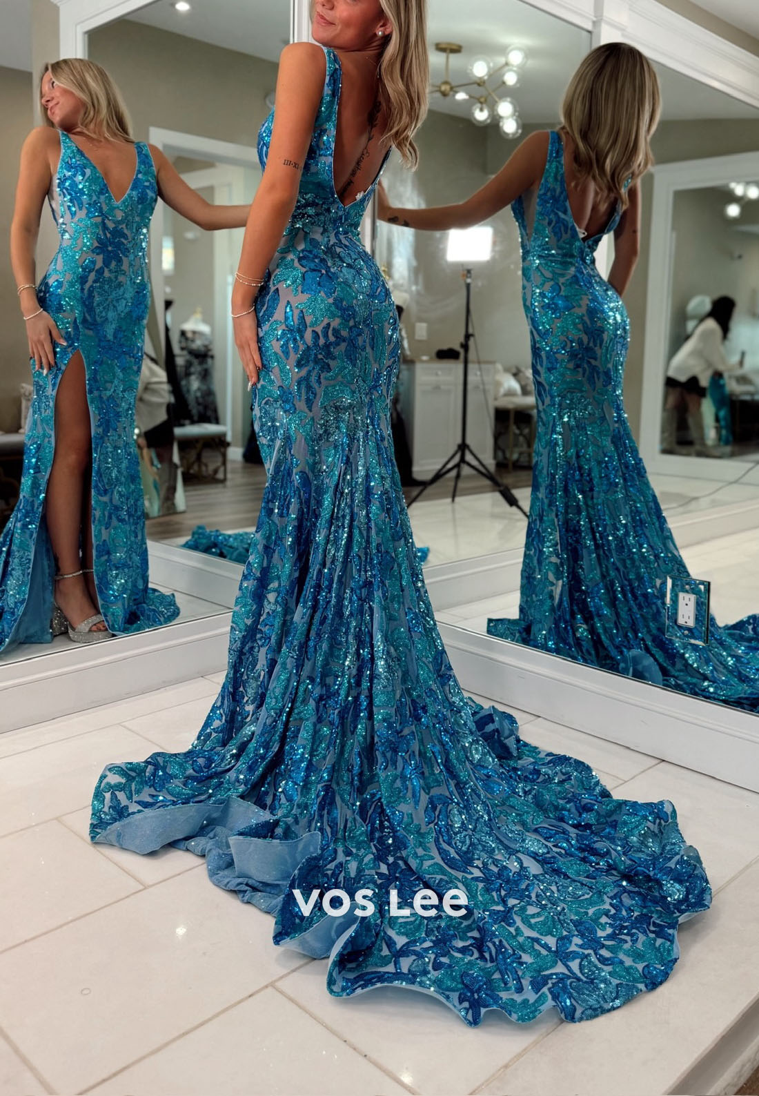 Sparkling V-Neck Sequins Split Cloumn Floor Length Prom Dress With Train
