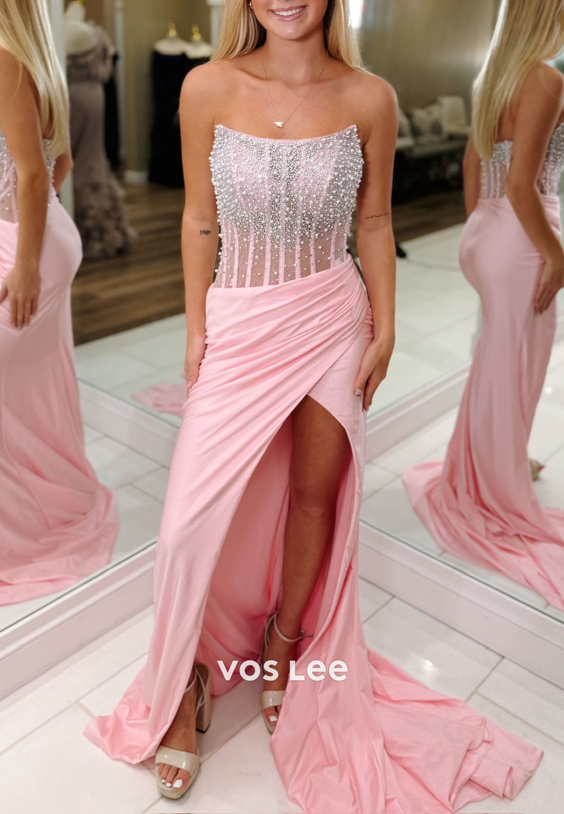 Elegance Pink Strapless Beading Pearls Hihg Split Prom Dress