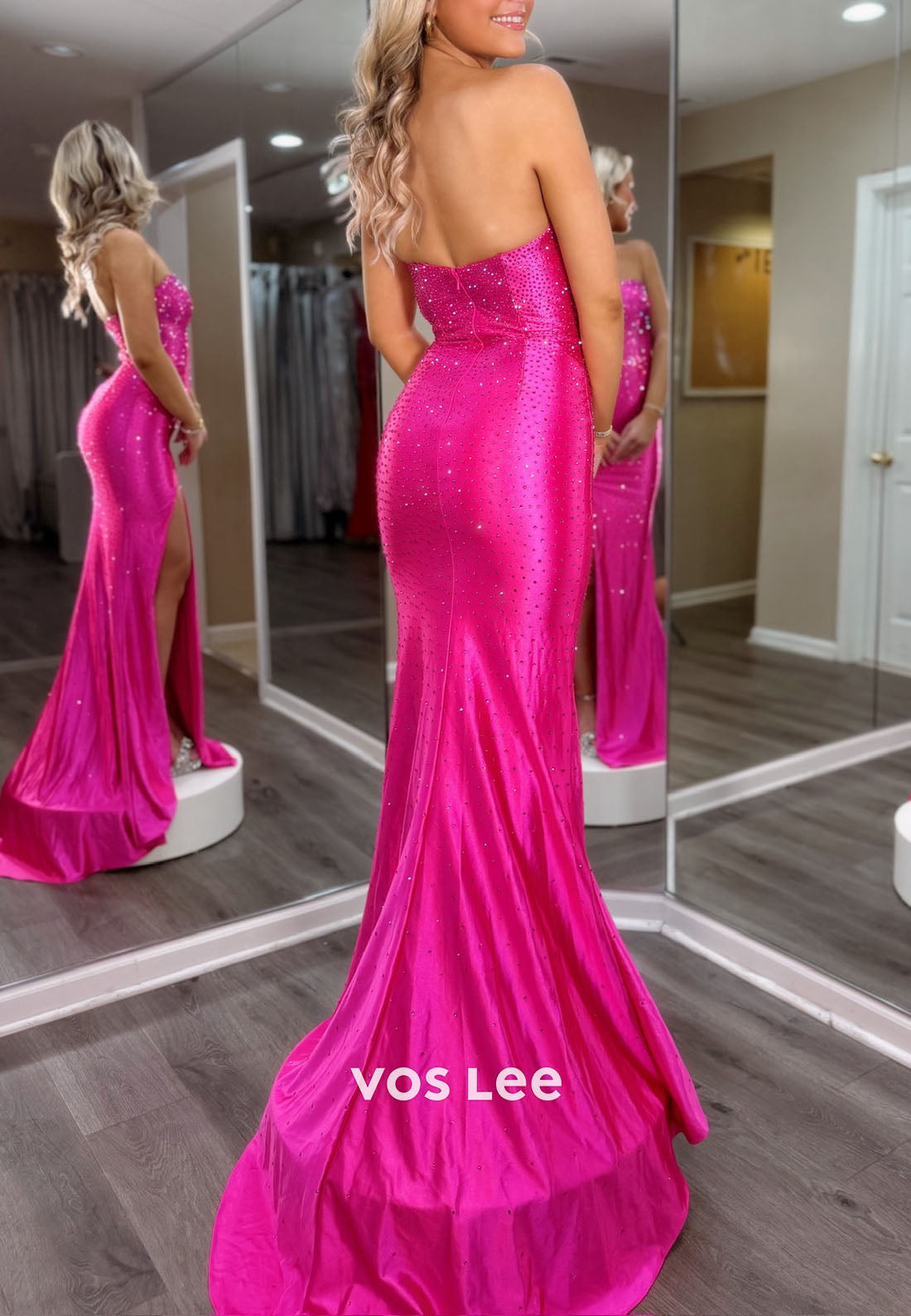 Elegance Strapless Fully Beading Sequins Hihg Split Prom Dress