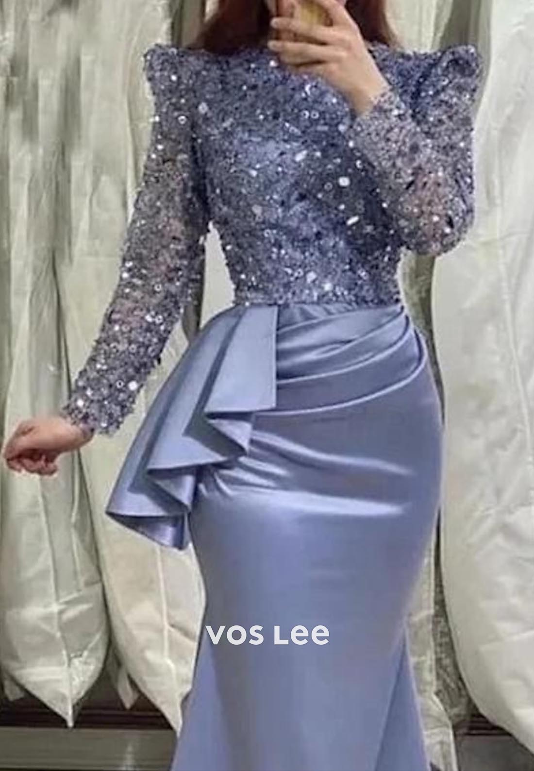 Classic & Timeless Long Sleeves Pleated Mermaid Simple Evening Dress with Train