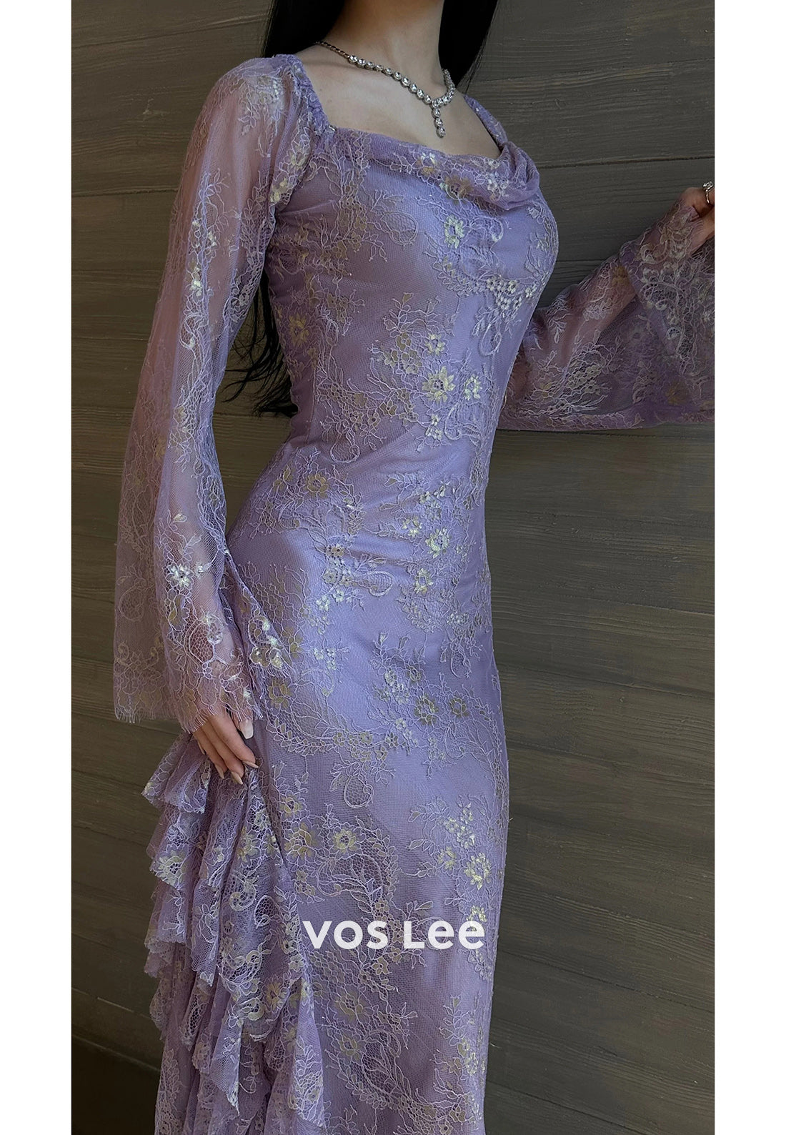 Gorgeous & Charming Lilac Long Sleeve Scoop Appliques Lace Long Evening Dresses