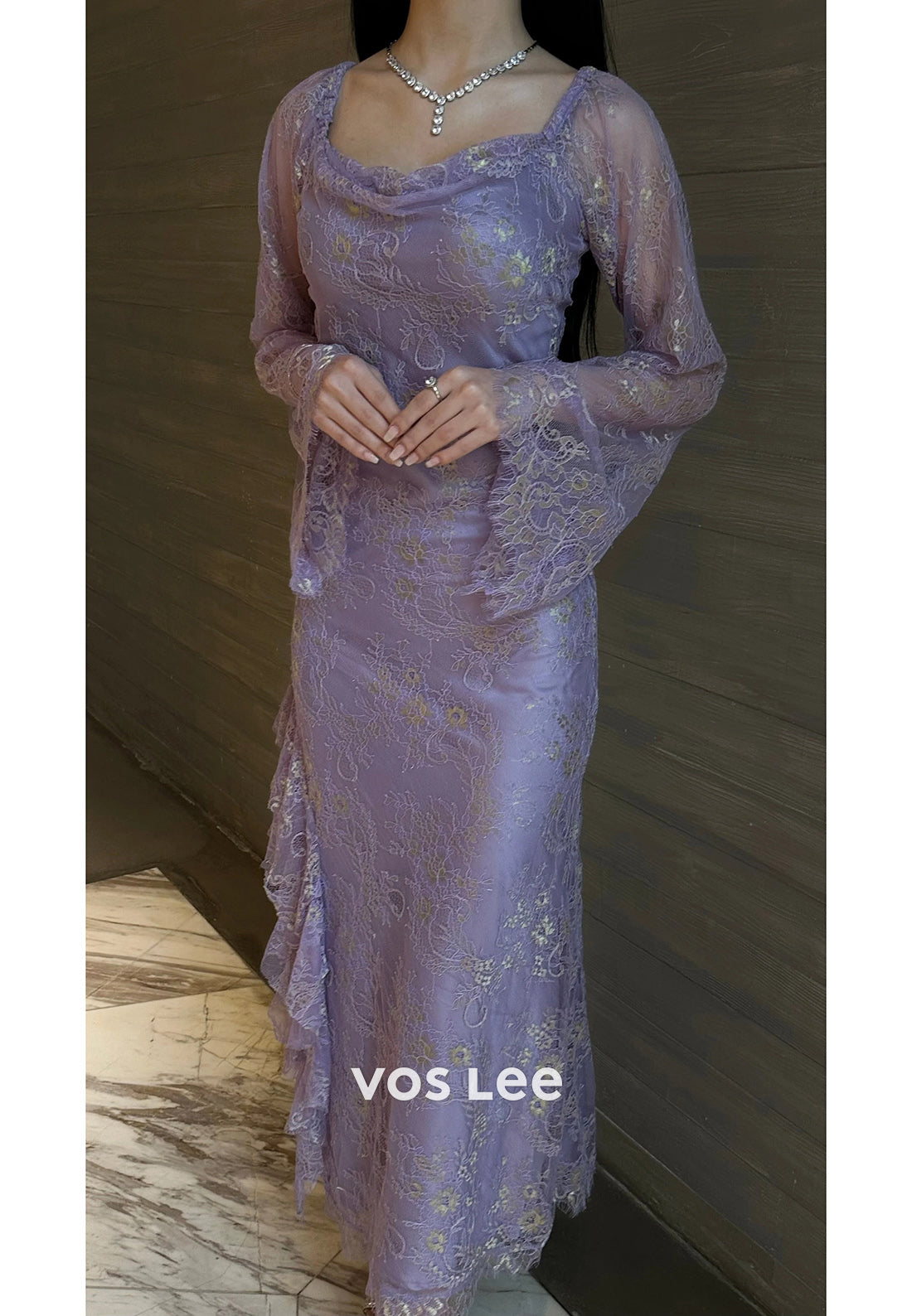 Gorgeous & Charming Lilac Long Sleeve Scoop Appliques Lace Long Evening Dresses