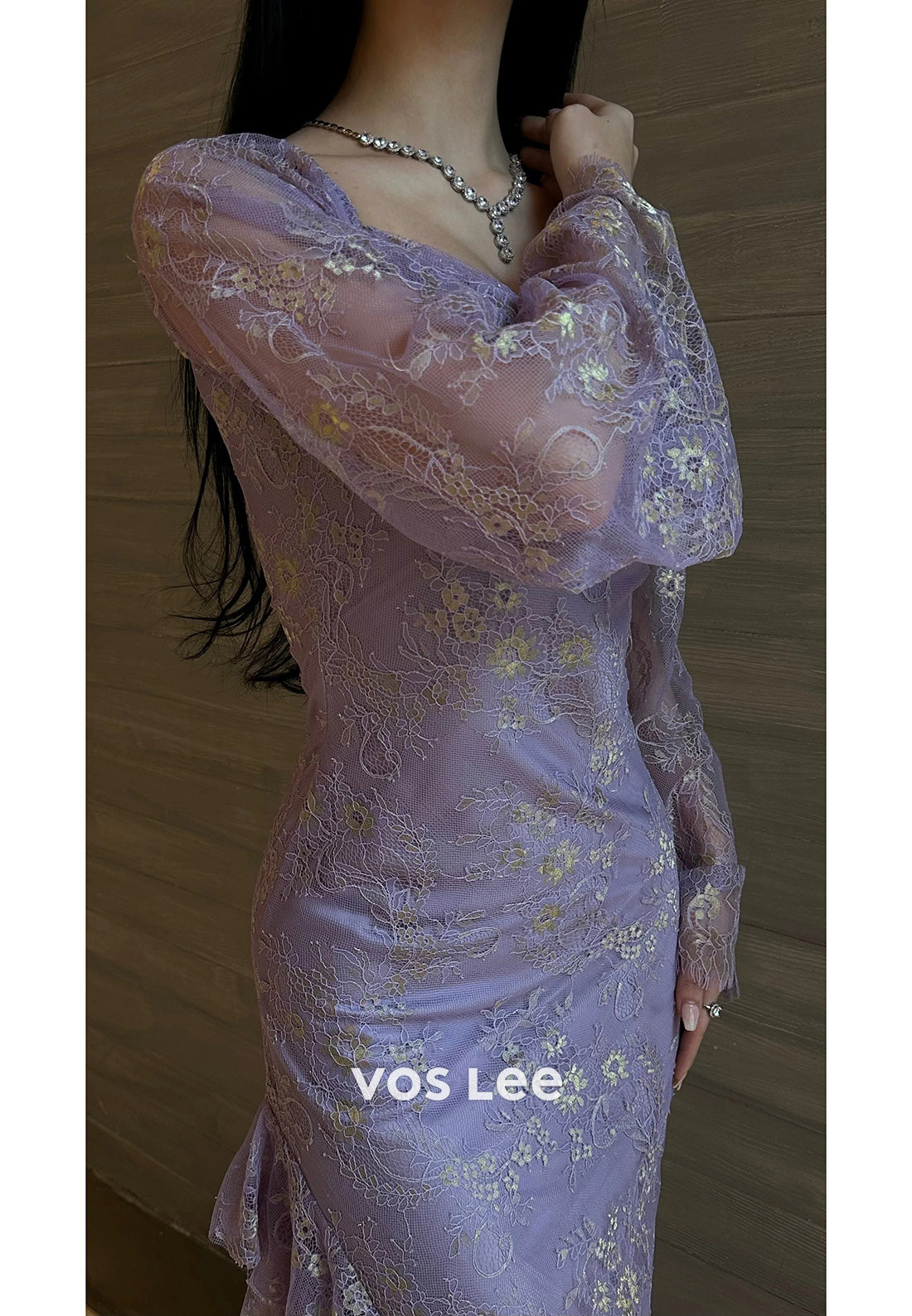 Gorgeous & Charming Lilac Long Sleeve Scoop Appliques Lace Long Evening Dresses
