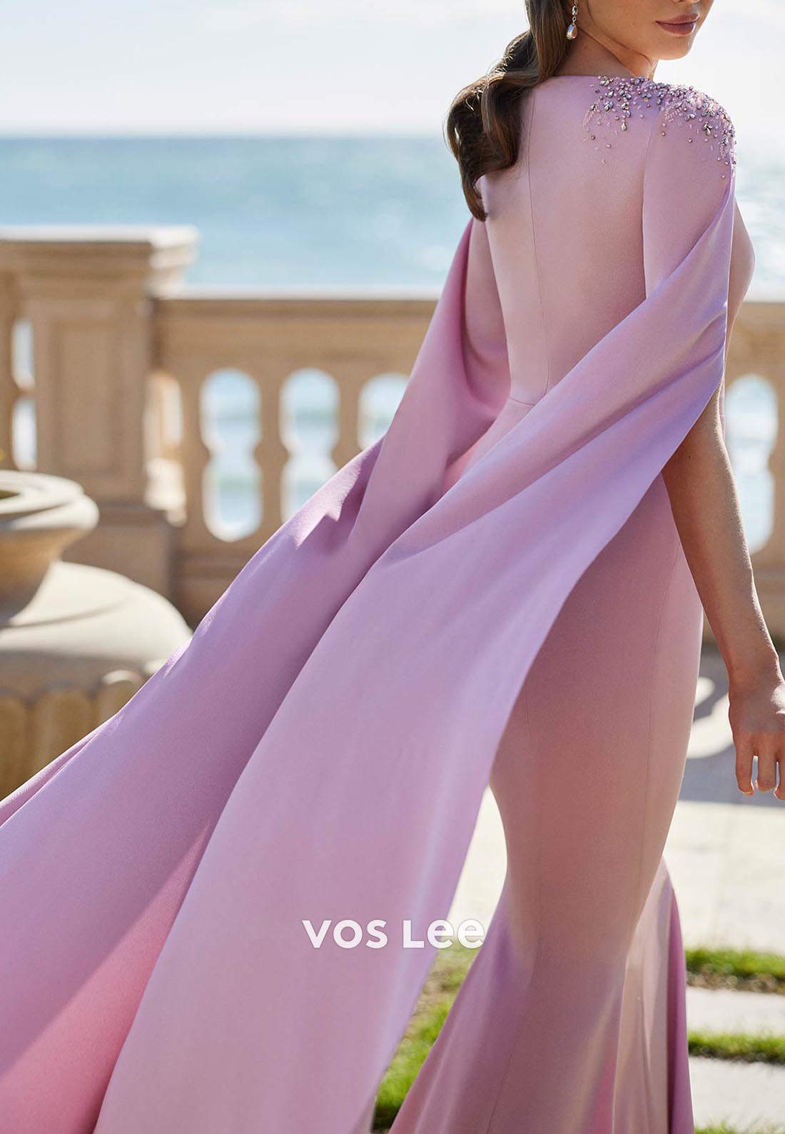 Long Sleeve V Neck Rhinestone Floor-Length Pleated Mermaid Mother of Bride Dresses
