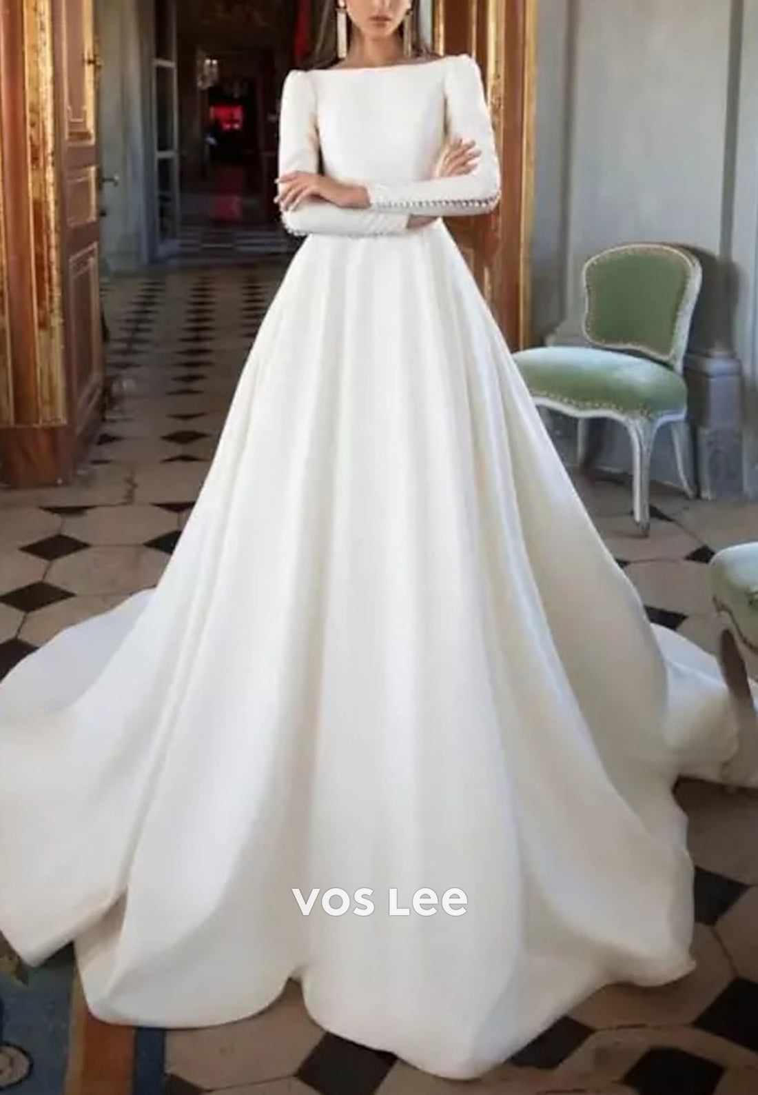 Simple A-Line Long Sleeve Bateau Neck Pleated Wedding Dresses with Chapel Train