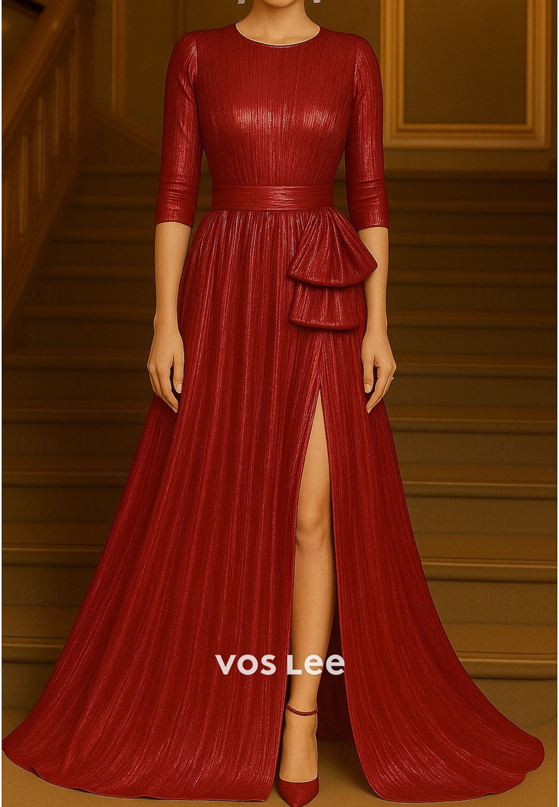 Elegant Gold O- Neck Split A-Line Long Evening Gowns