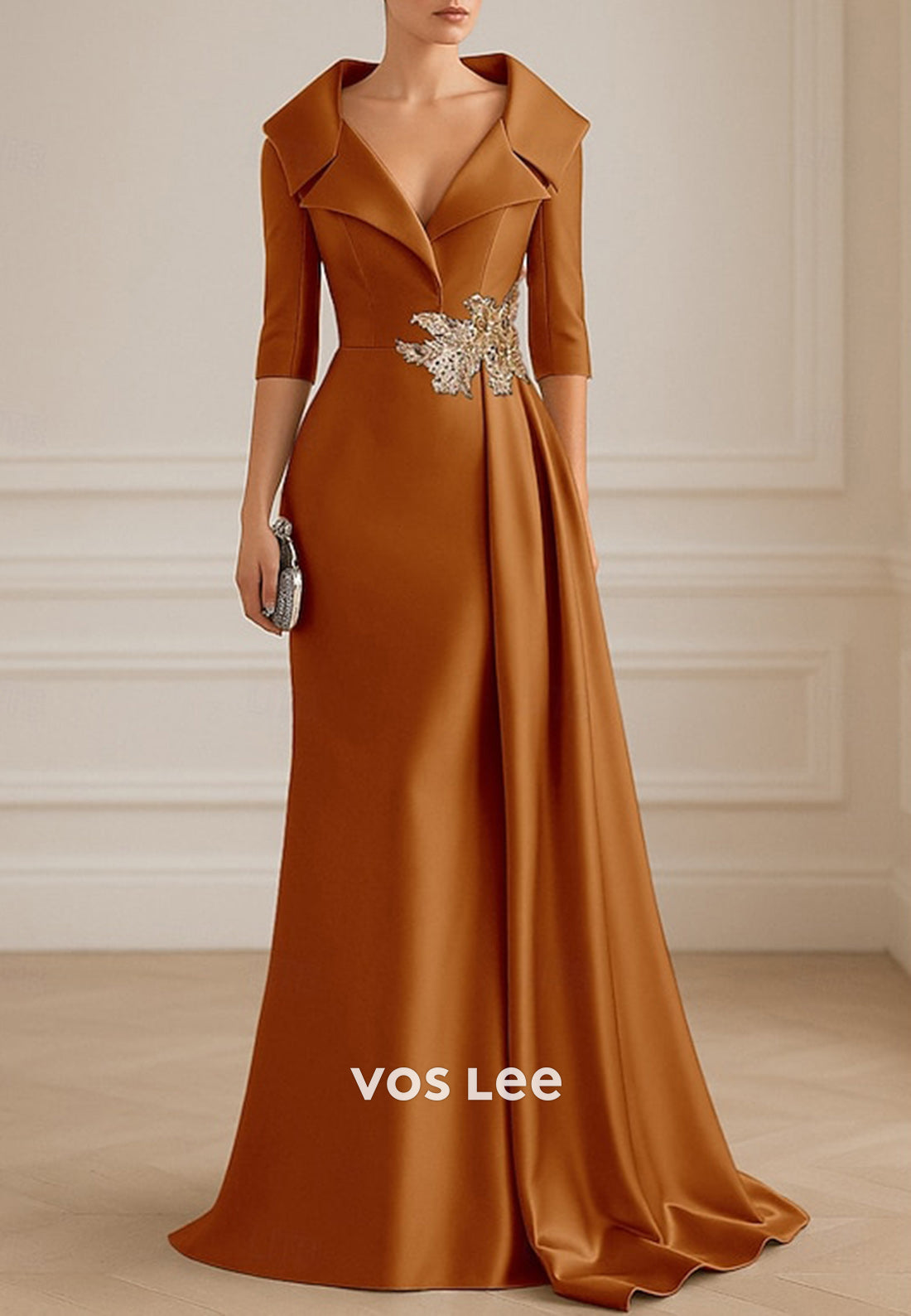Half Sleeve V Neck Appliqued Satin Floor-Length Sheath Evening Dresses
