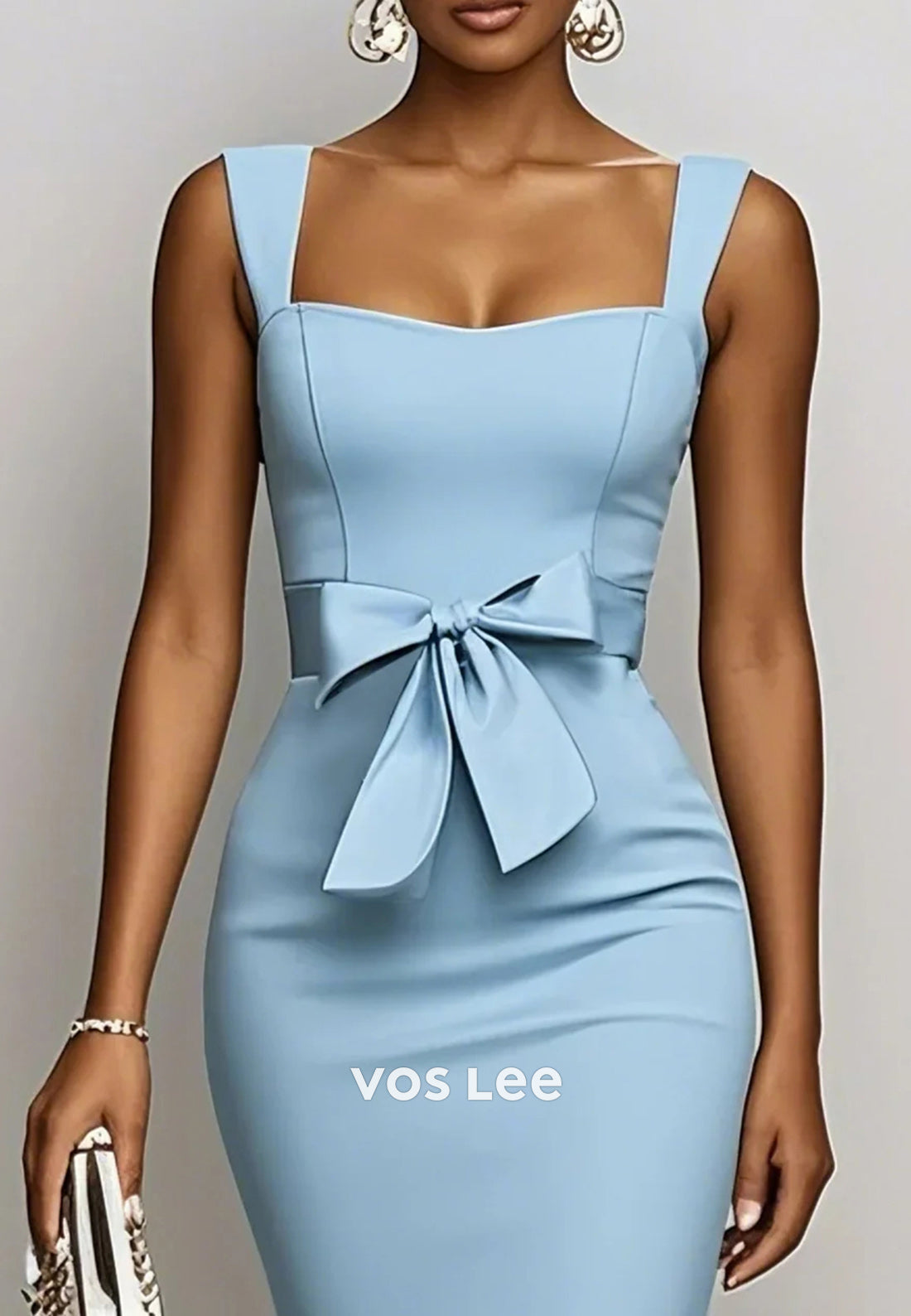 Sky Blue Sweetheart Bowknot Tea-Length Lace Mermaid Wedding Guest Dresses
