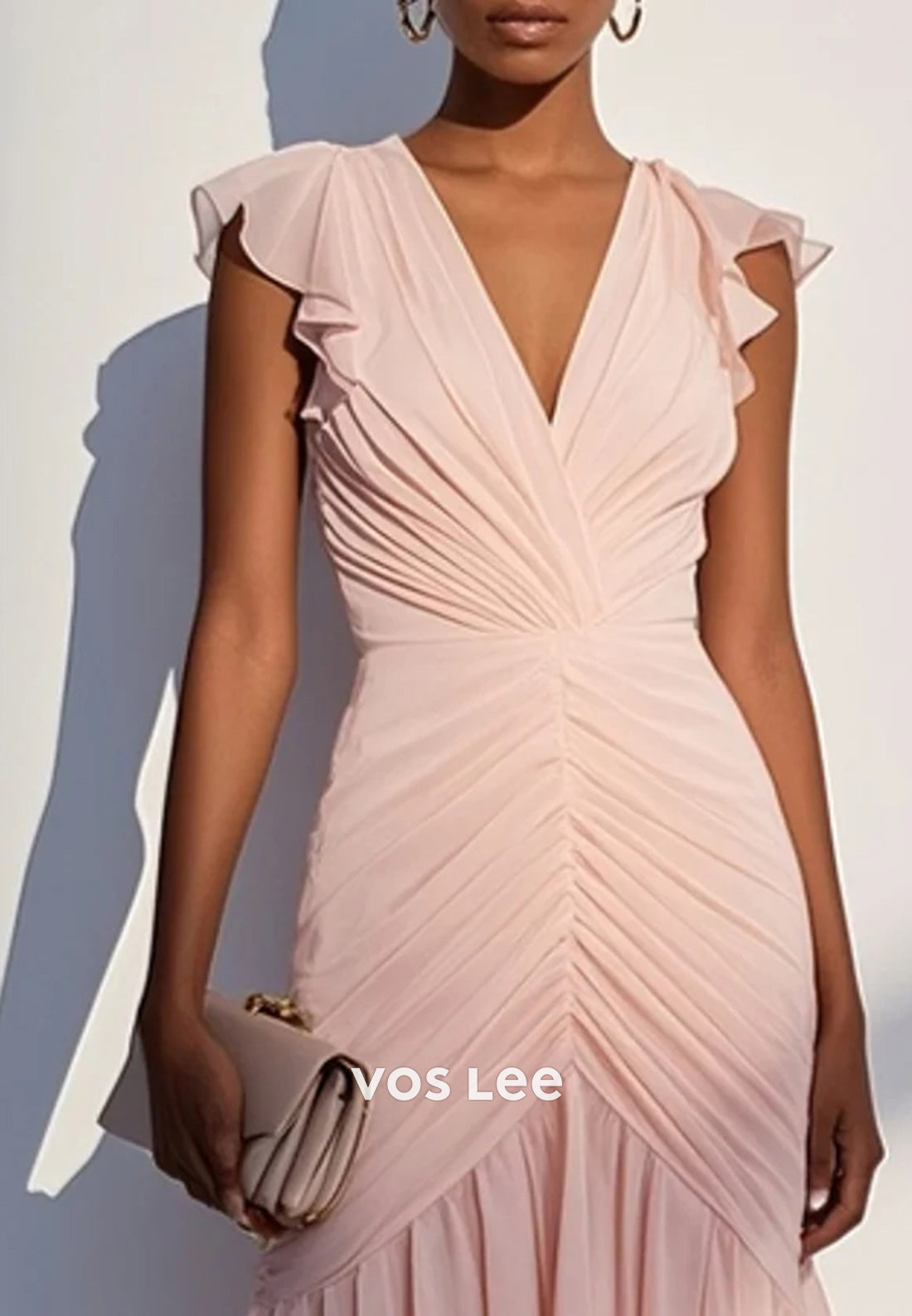Couture & Classic High Low Cap Sleeves V Neck Pleated Sheath Wedding Guest Dresses