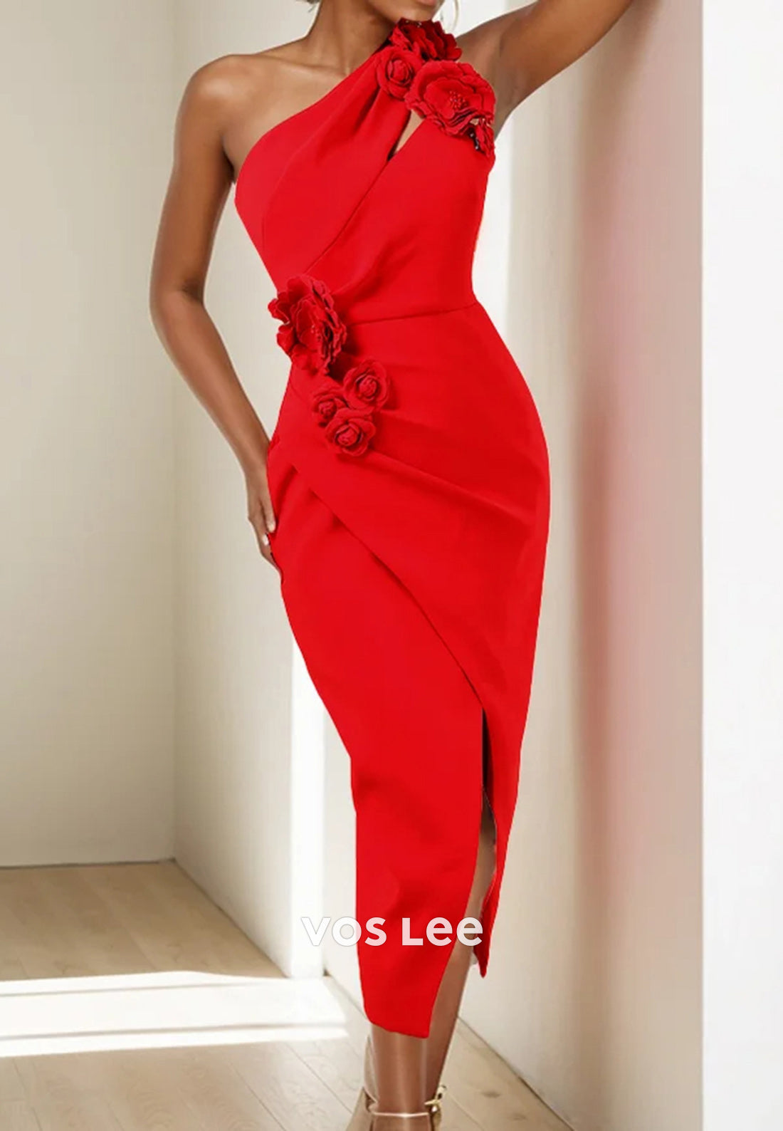 One Shoulder Floral Embellished Pleated Tea-Length Sheath Party Dresses with Split