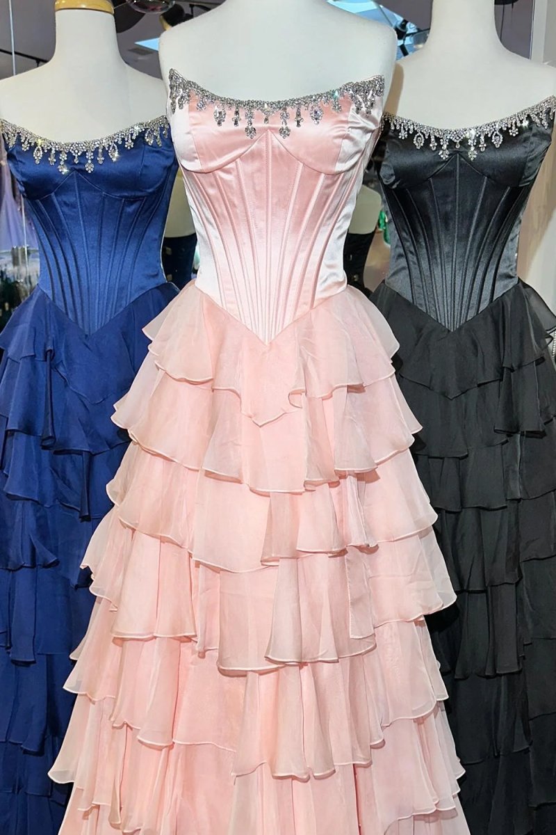 Green Scoop Neck A Line Chiffon Ruffled Prom Dresses With Beading
