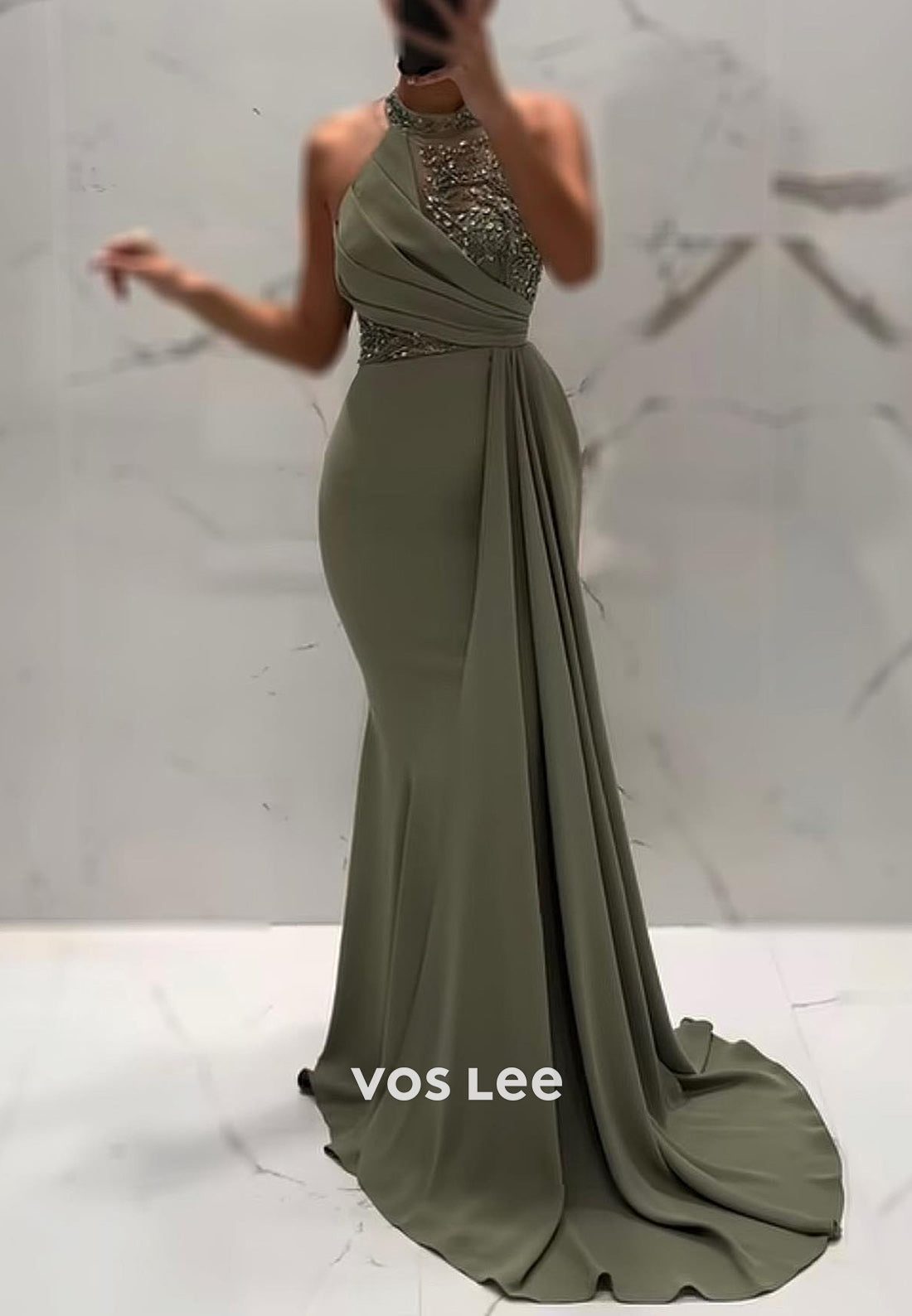 Sexy & Sleek Halter Beaded Rhinestone Pleated Mermaid Evening Dresses with Sweep Train