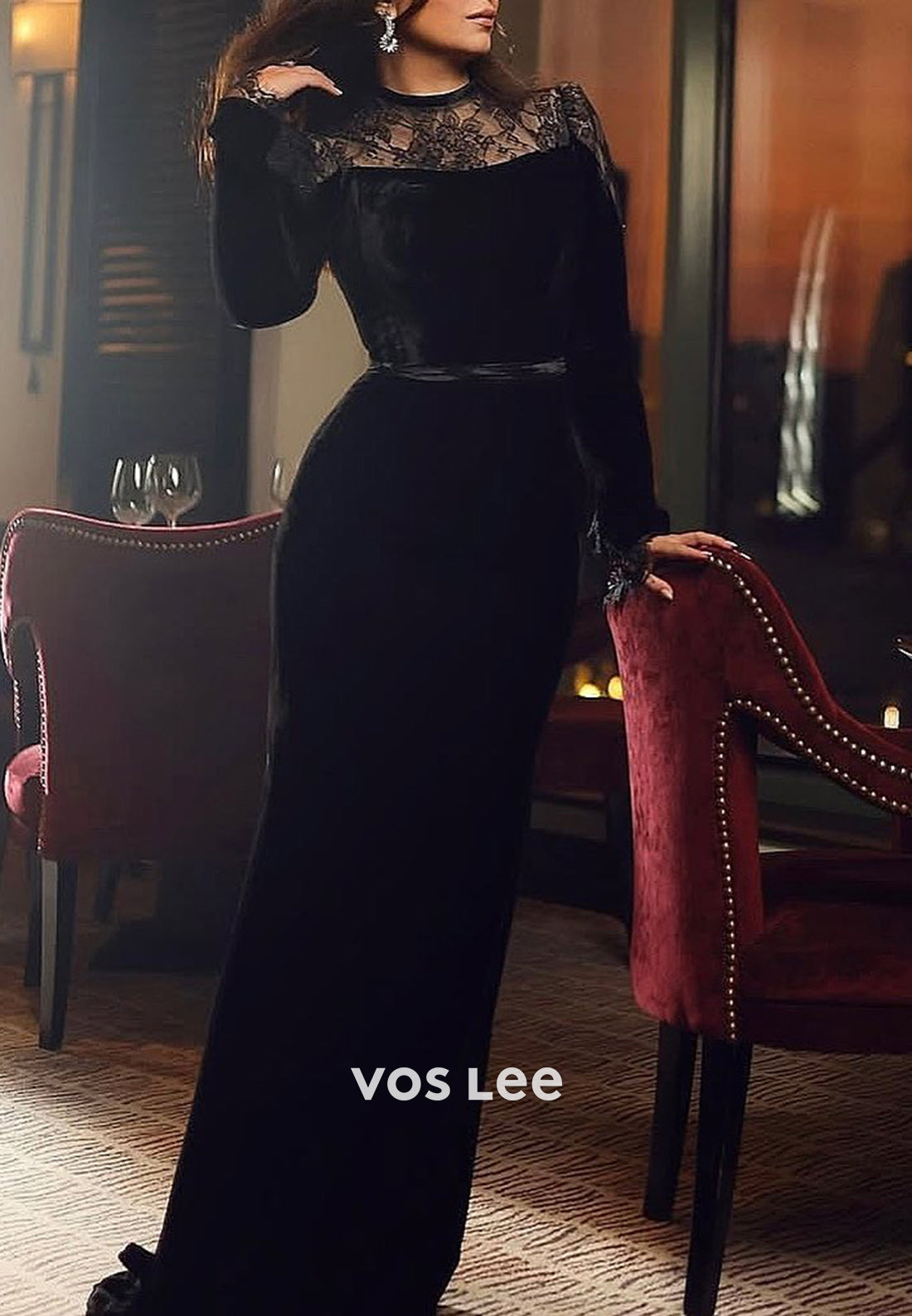 Long Sleeve Illusion Neck Appliques Lace Velvet Floor-Length Mermaid Evening Dresses