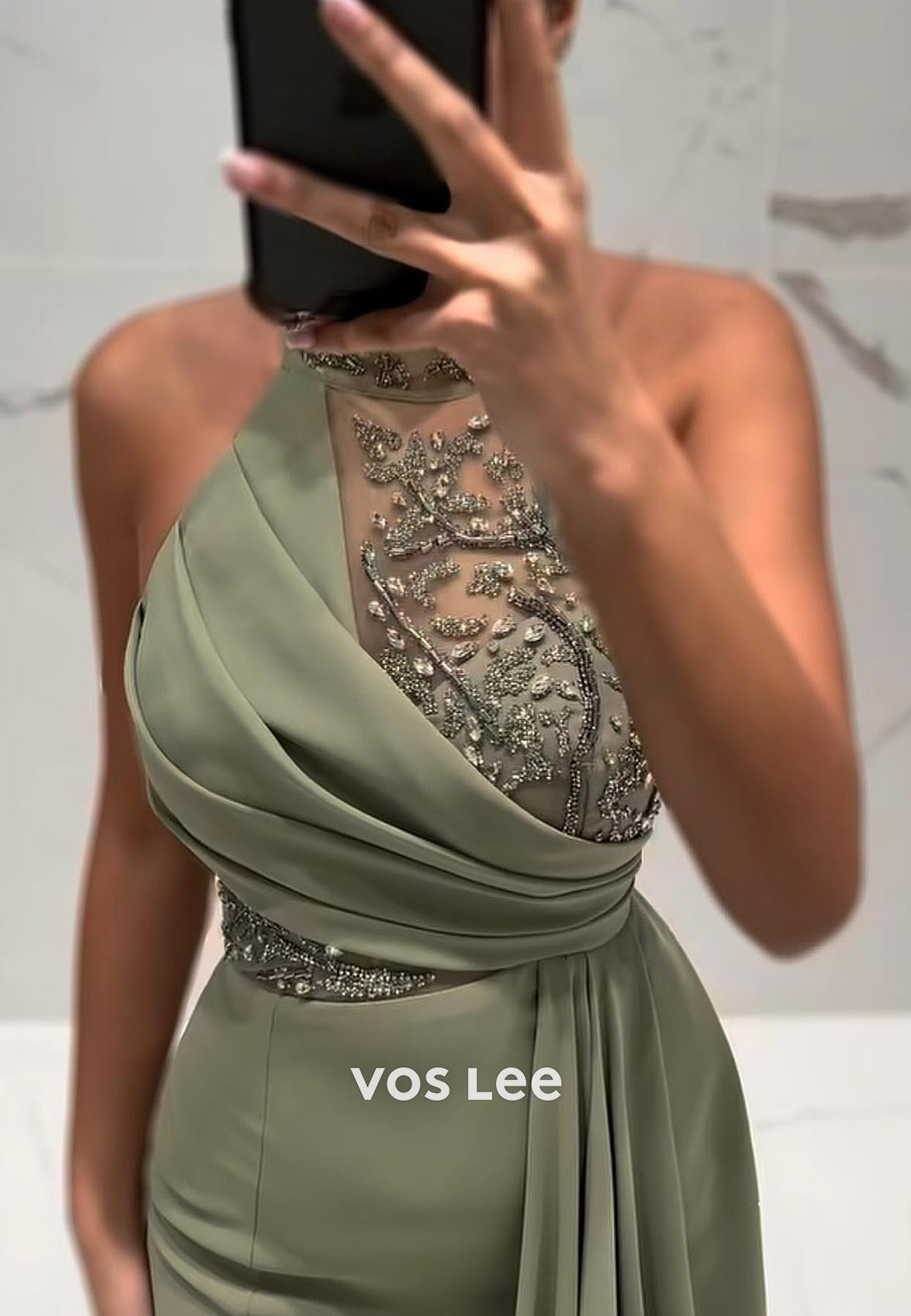 Sexy & Sleek Halter Beaded Rhinestone Pleated Mermaid Evening Dresses with Sweep Train