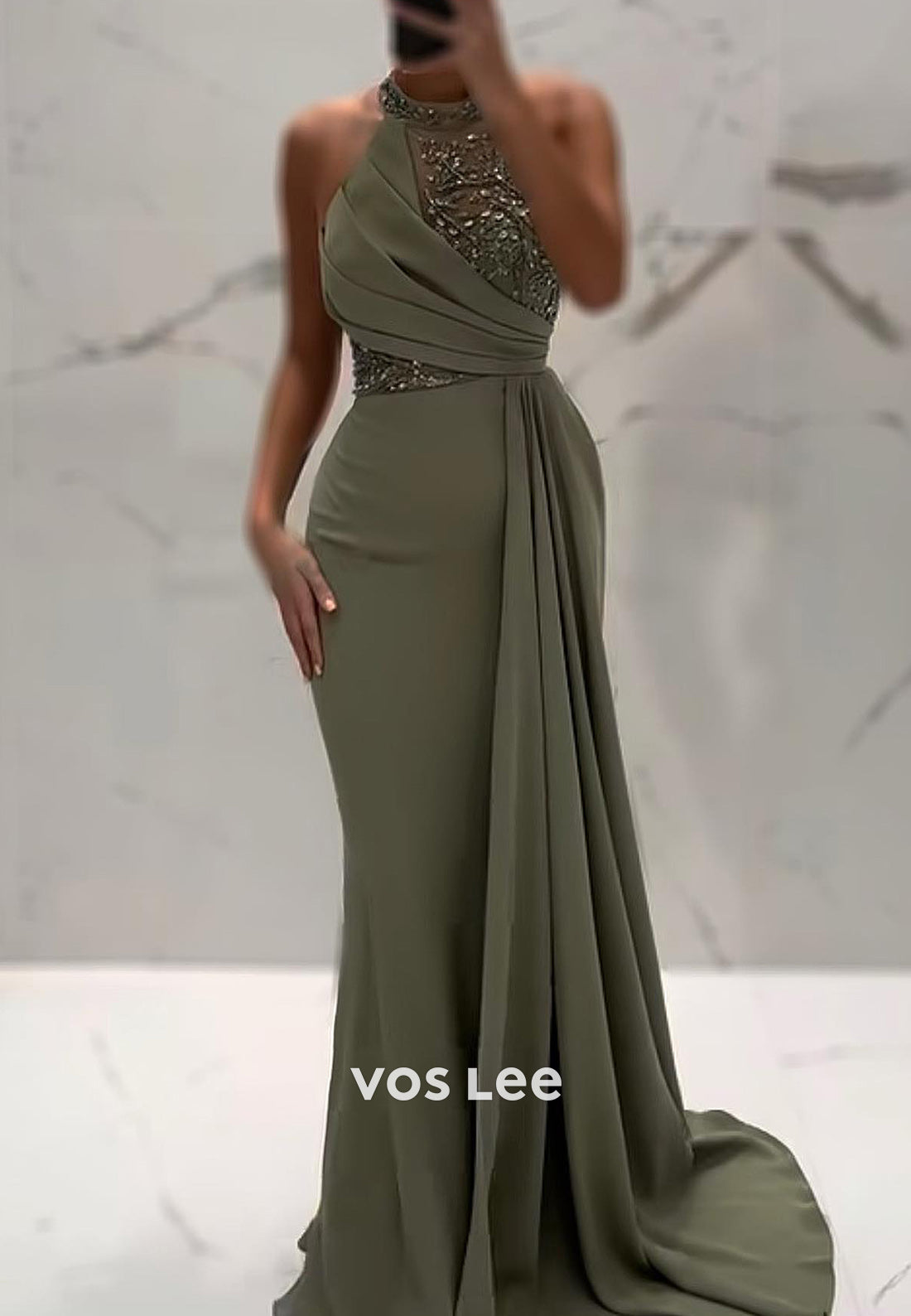 Sexy & Sleek Halter Beaded Rhinestone Pleated Mermaid Evening Dresses with Sweep Train