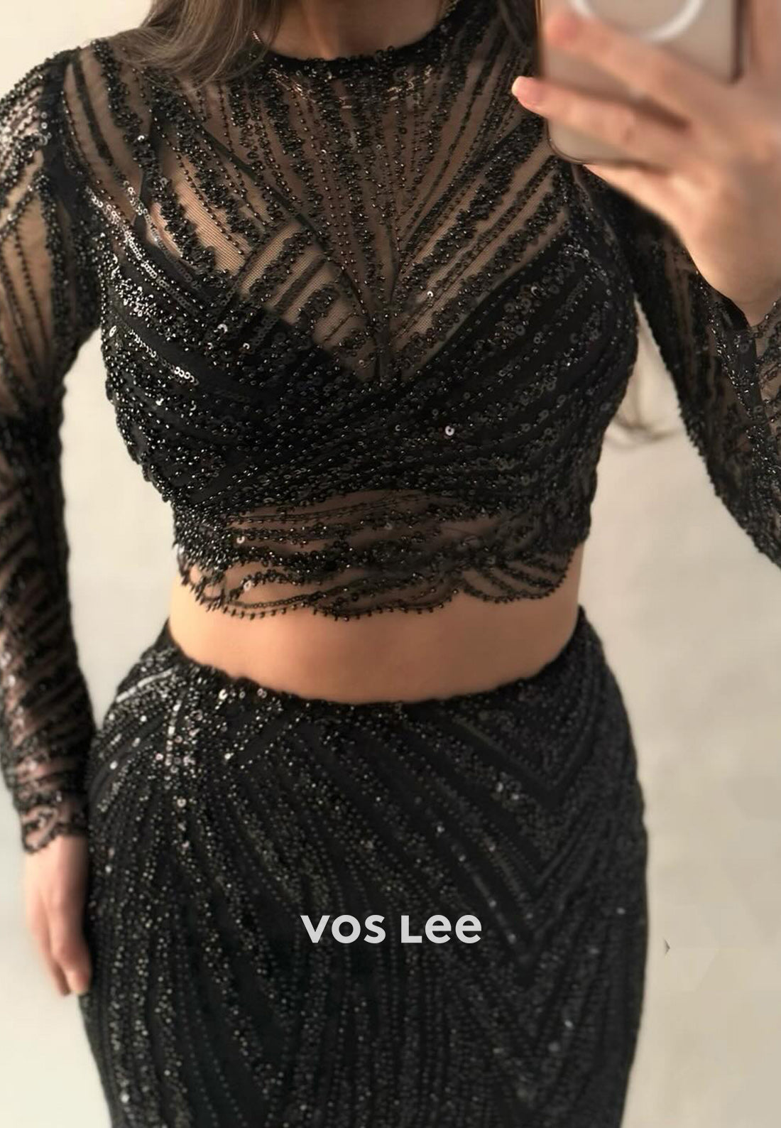 Two Pieces Long Sleeve Scoop Fully Beaded Mermaid Evening Dresses with Side Split