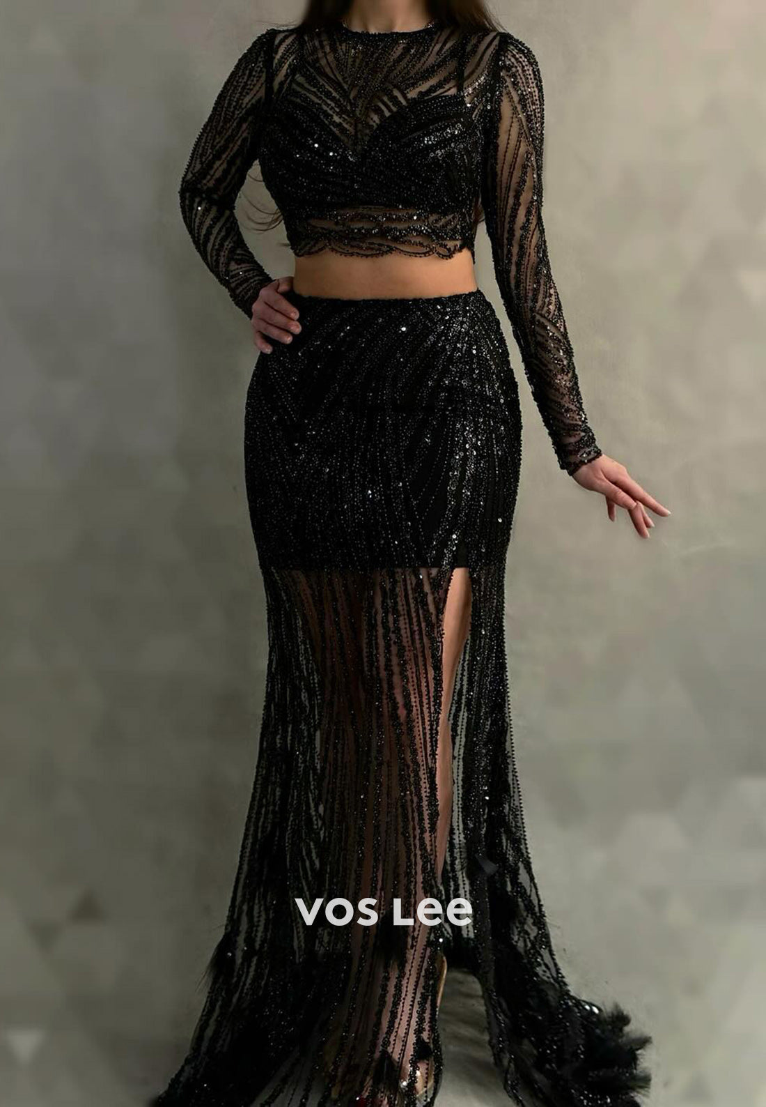 Two Pieces Long Sleeve Scoop Fully Beaded Mermaid Evening Dresses with Side Split