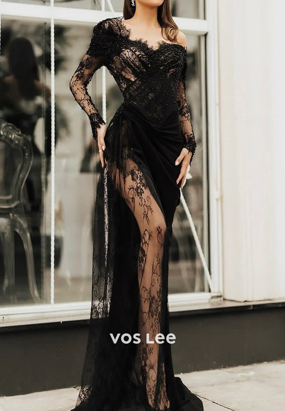 Long Sleeve One Shoulder Lace Beaded High Split Evening Dresses with Sweep Train