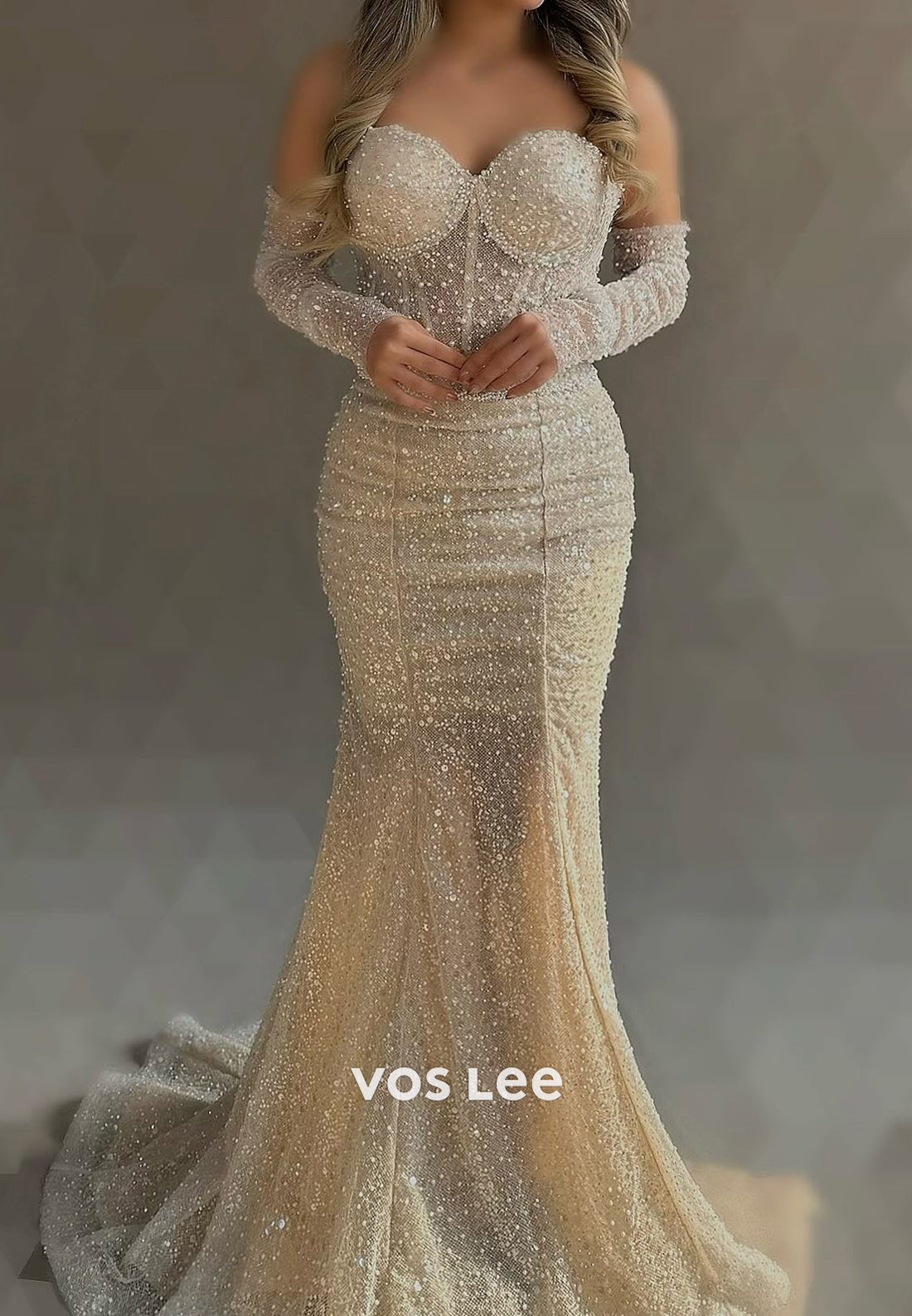 Long Sleeve Off the Shoulder Fully Beaded Sequins Trumpet Evening Dresses with Sweep Train