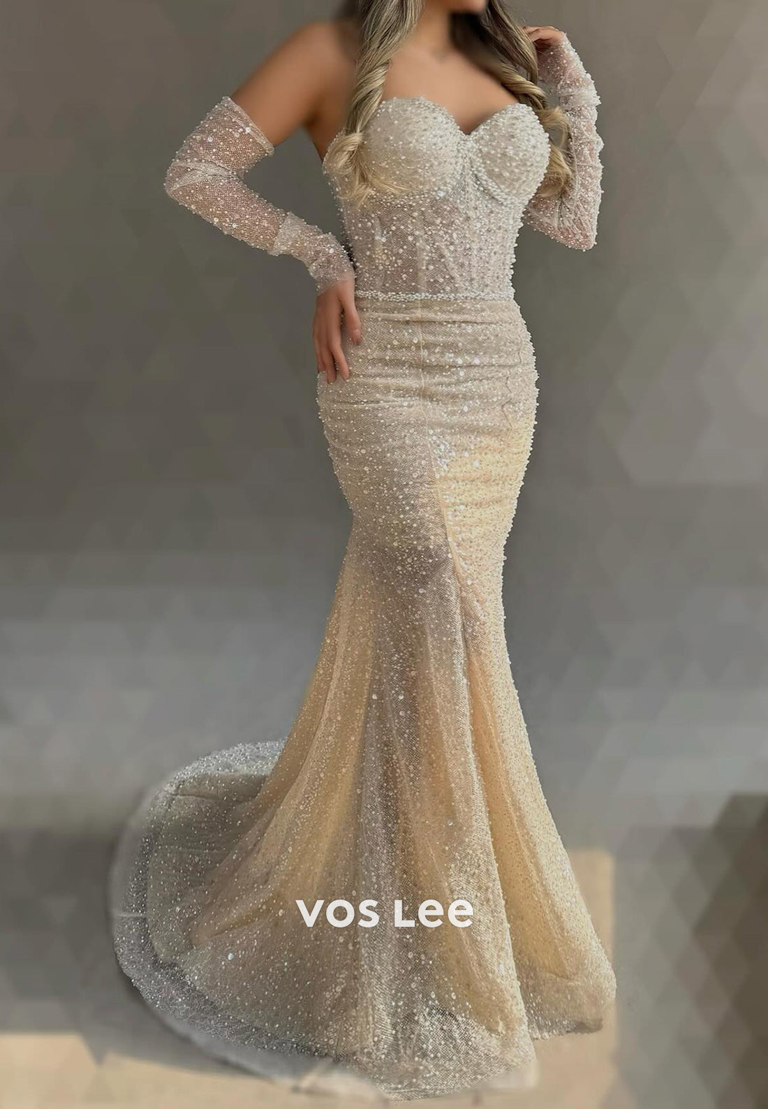 Long Sleeve Off the Shoulder Fully Beaded Sequins Trumpet Evening Dresses with Sweep Train
