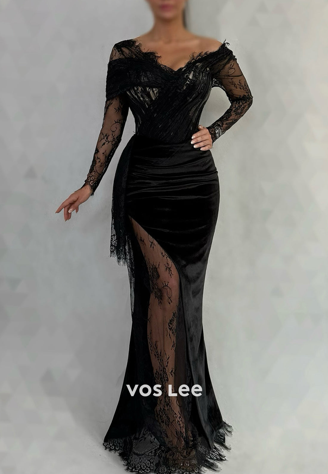 Sexy & Hot Long Sleeve One Shoulder Lace Mermaid Evening Dresses with High Split