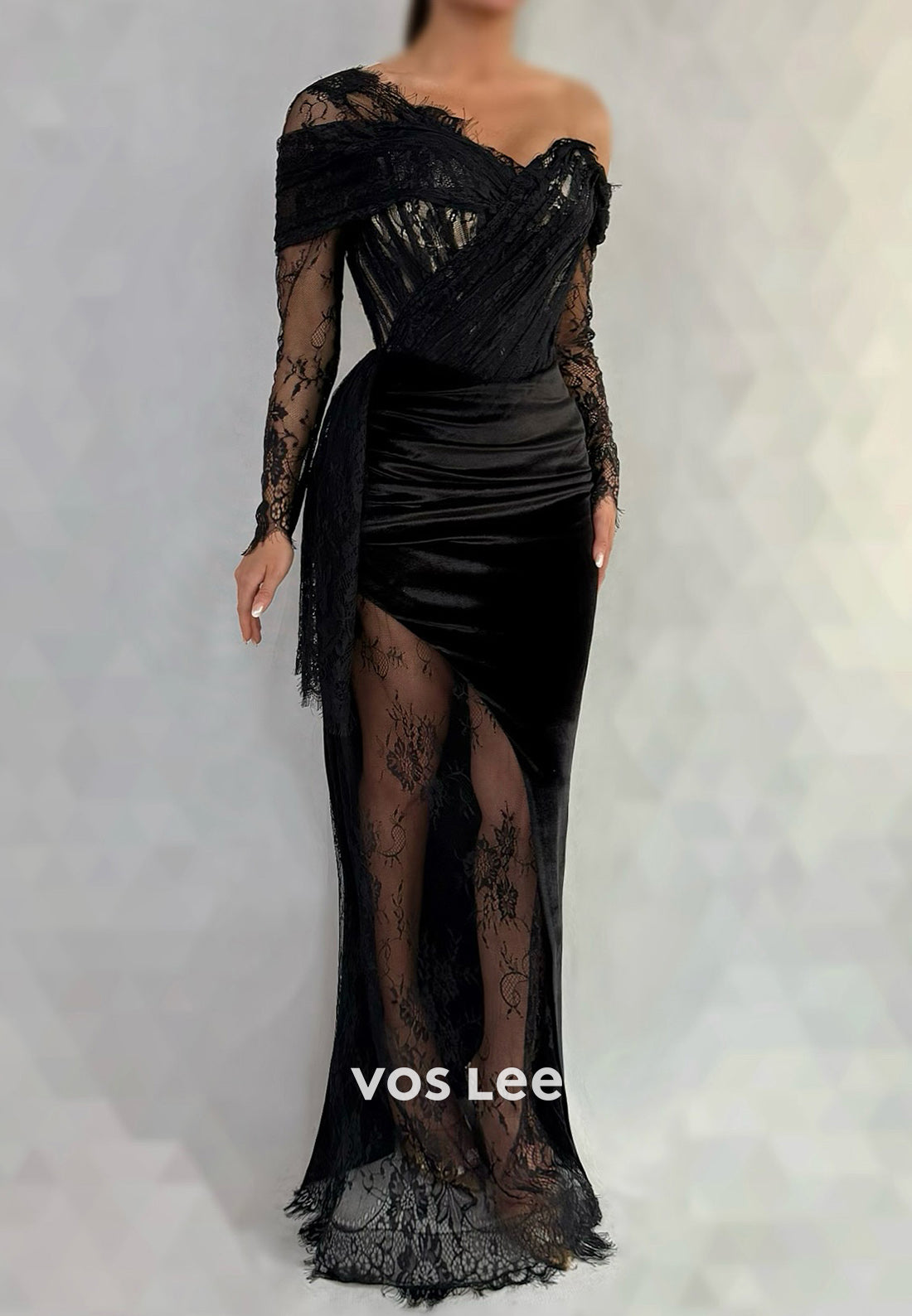 Sexy & Hot Long Sleeve One Shoulder Lace Mermaid Evening Dresses with High Split