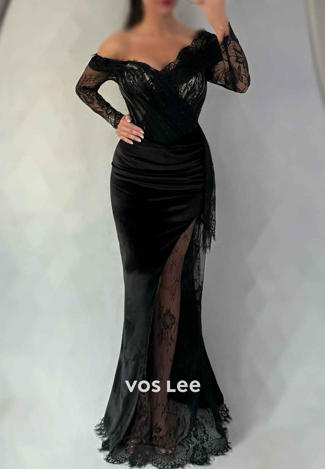 Sexy & Hot Long Sleeve One Shoulder Lace Mermaid Evening Dresses with High Split
