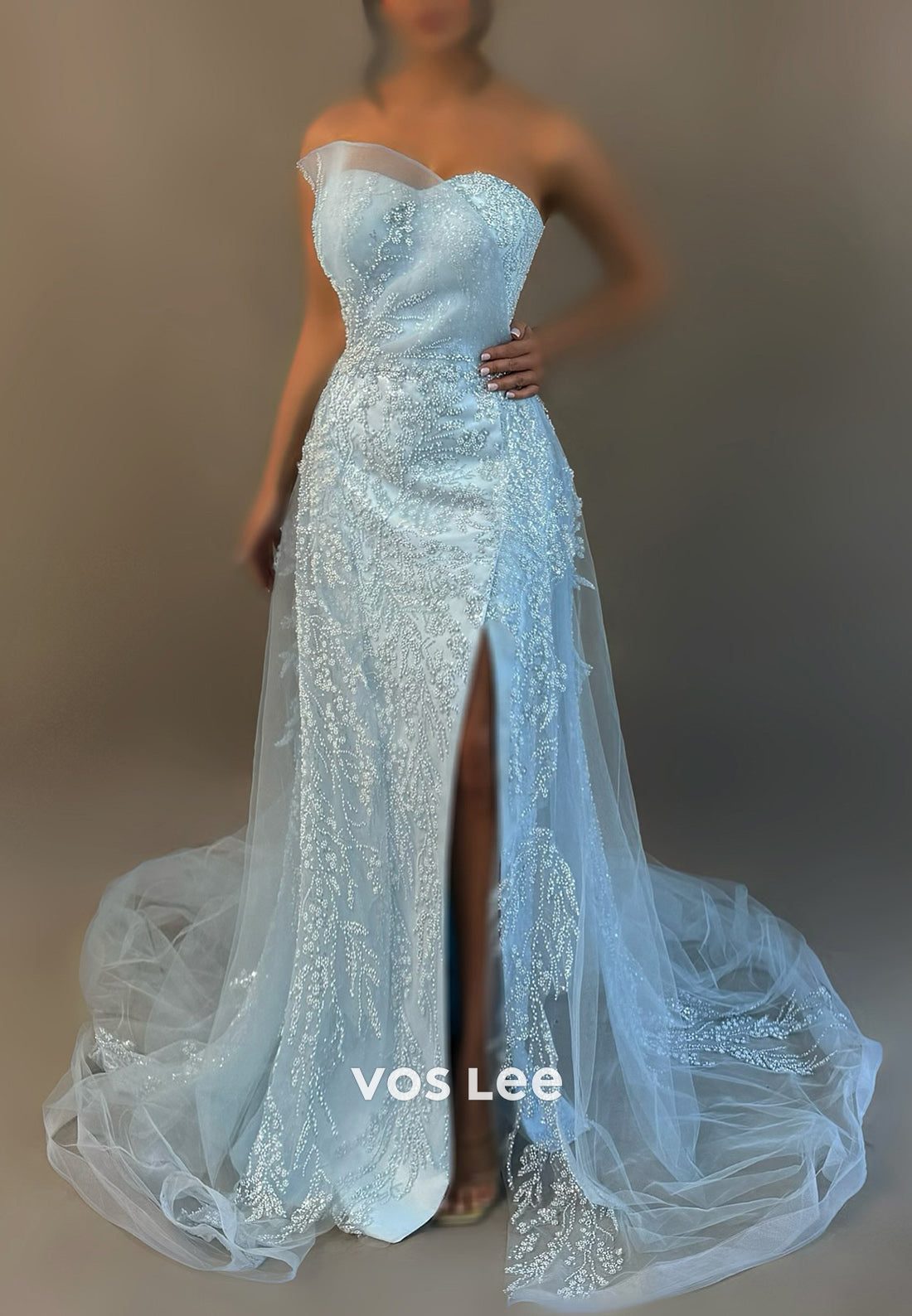 A-Line Sky Blue Strapless Sweetheart Beaded Appliqued Evening Dresses with Court Train