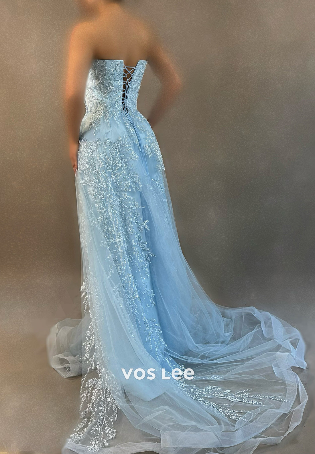 A-Line Sky Blue Strapless Sweetheart Beaded Appliqued Evening Dresses with Court Train