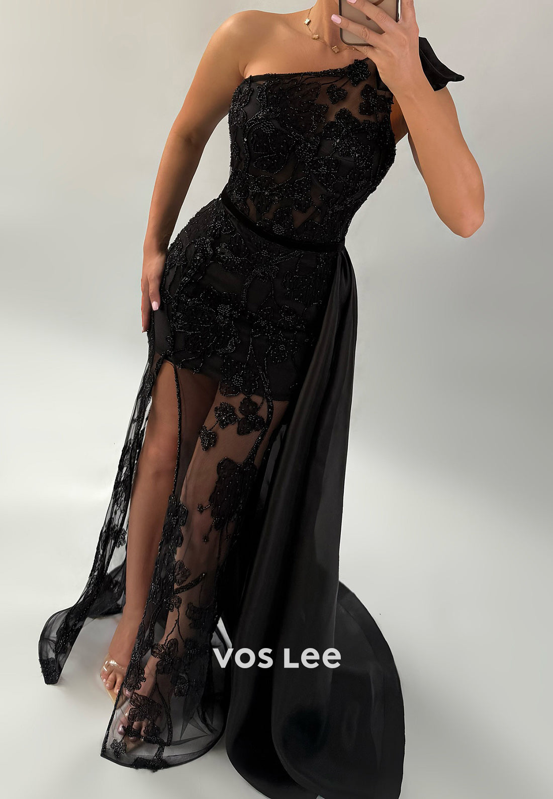One Shoulder Beaded Embellished Sheath High Split Evening Dresses with Sweep Train
