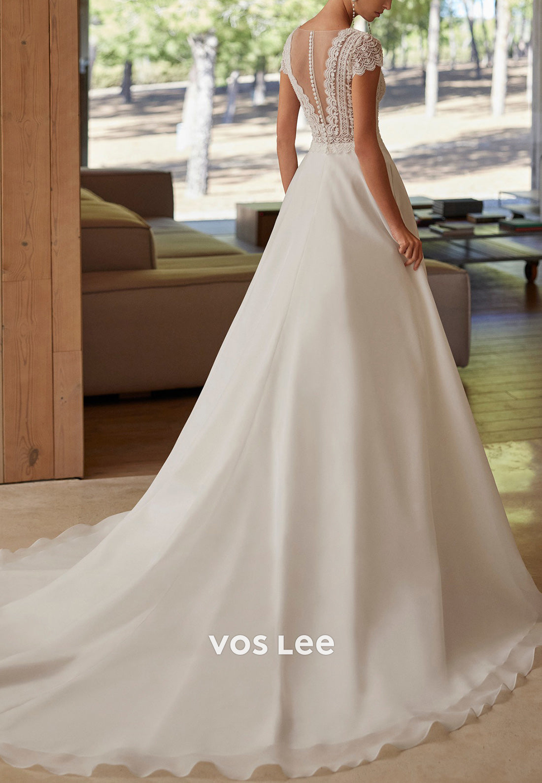 Elegant & Luxurious A-Line Short Sleeve V Neck Pleated Wedding Dresses with Chapel Train