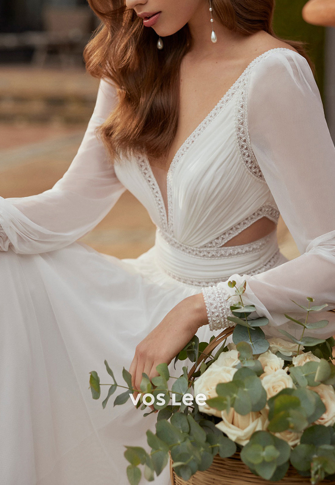 A-Line Long Sleeve Plunging-V Neck Beaded Pleated Wedding Dresses with Court Train