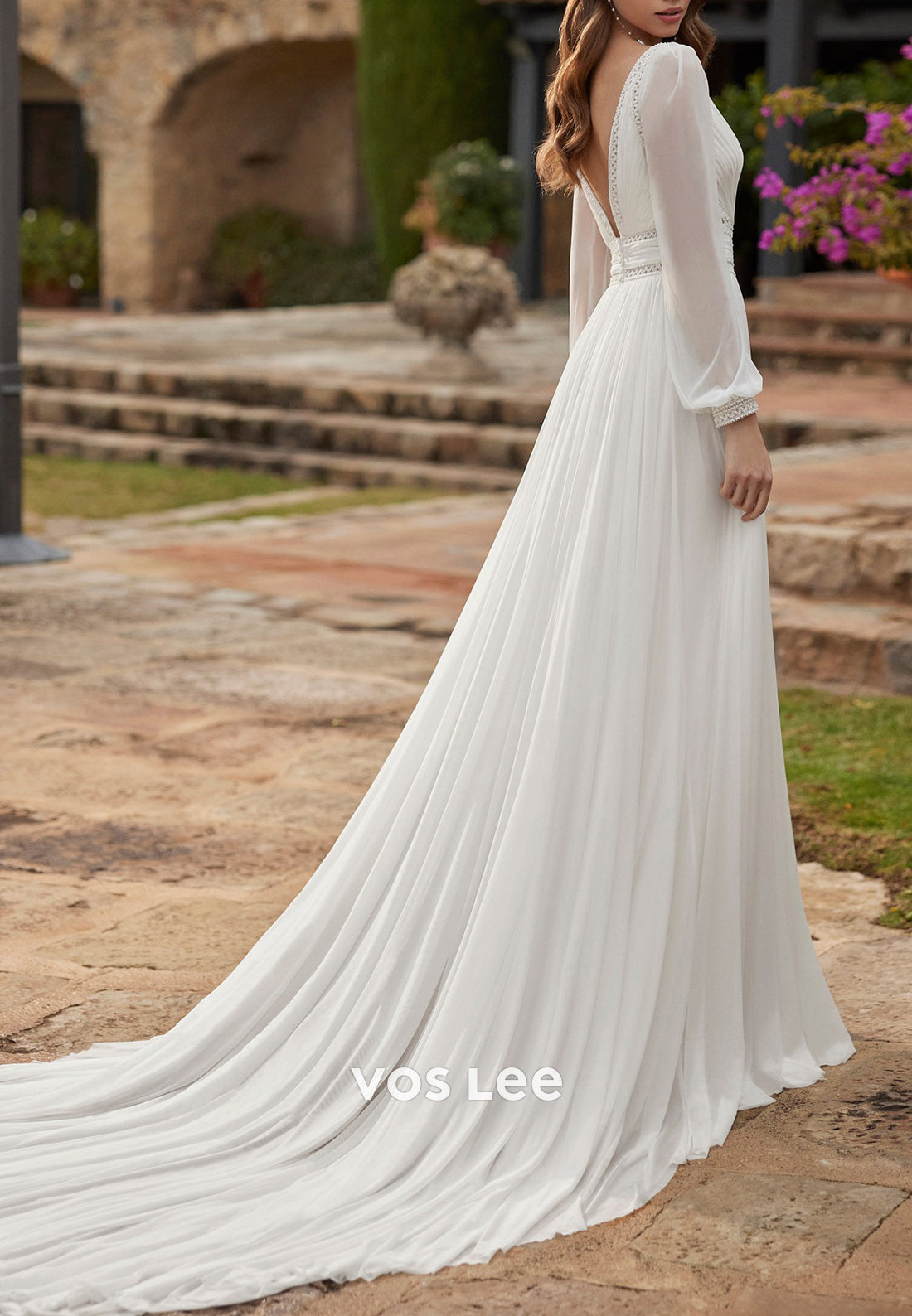 A-Line Long Sleeve Plunging-V Neck Beaded Pleated Wedding Dresses with Court Train