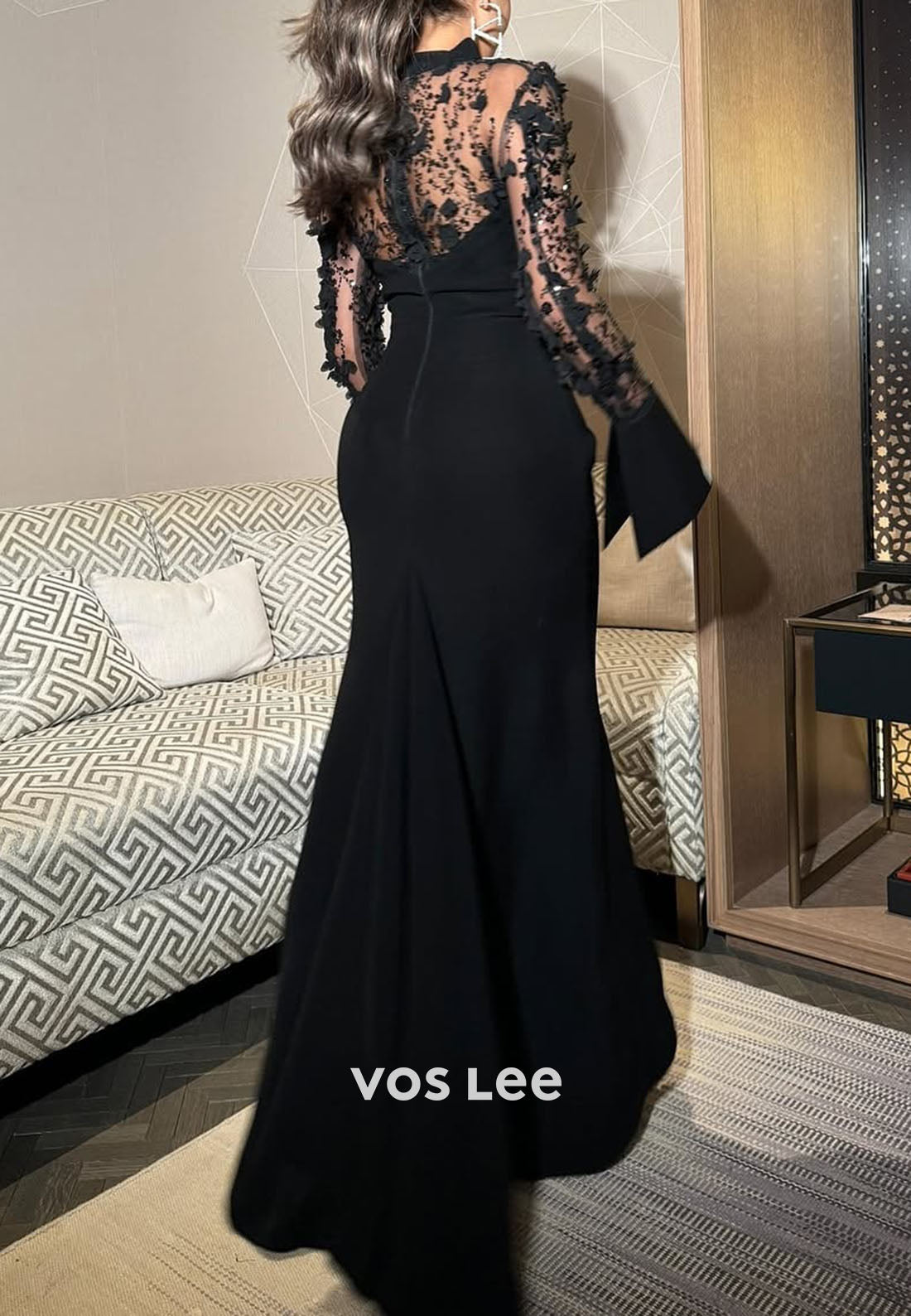 Black Mermaid Evening Dresses Lace Appliques Long Sleeves Party Dress