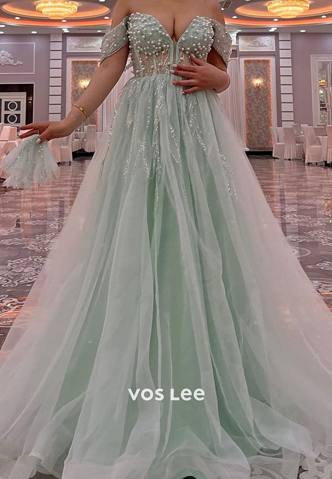 Green Off Shoulder Beading Pearls Sequins A-line Prom Dress Floor Length Formal Dresses