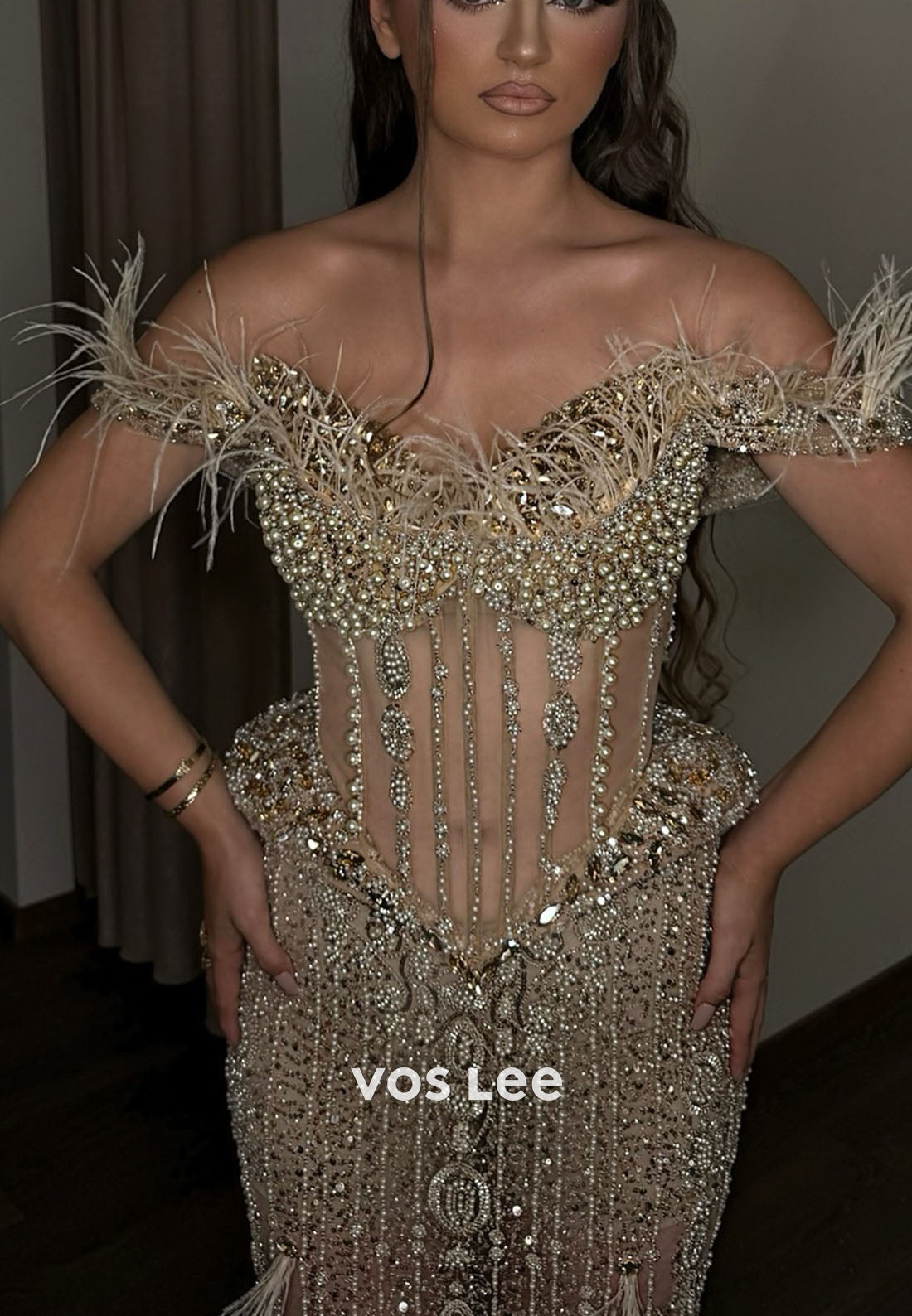 Luxury Sweetheart Fully Diamonds Mermaid Evening Dress Long Prom Dress With Feathers
