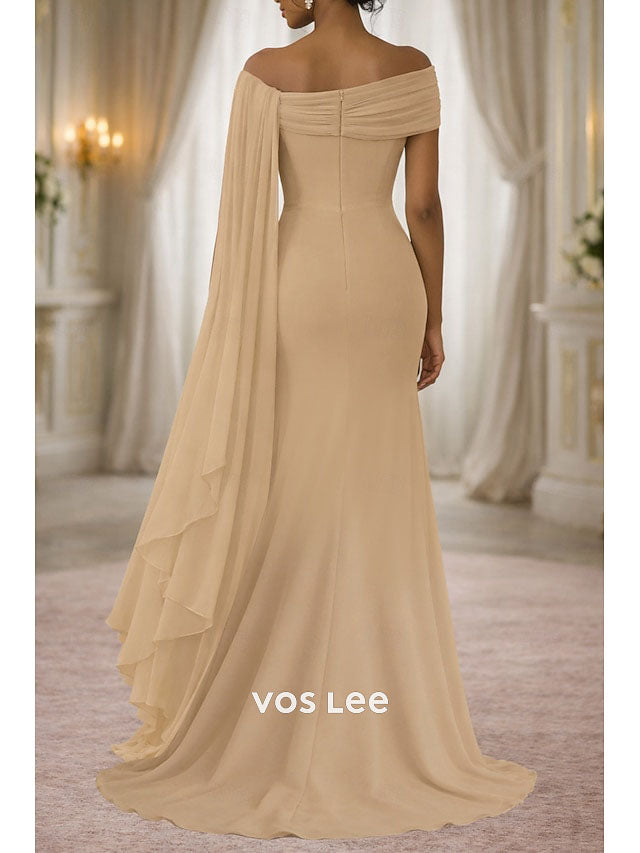 One-Shoulder Mother of the Bride Dress with Cape Detail | Chiffon Floor-Length Formal Gown