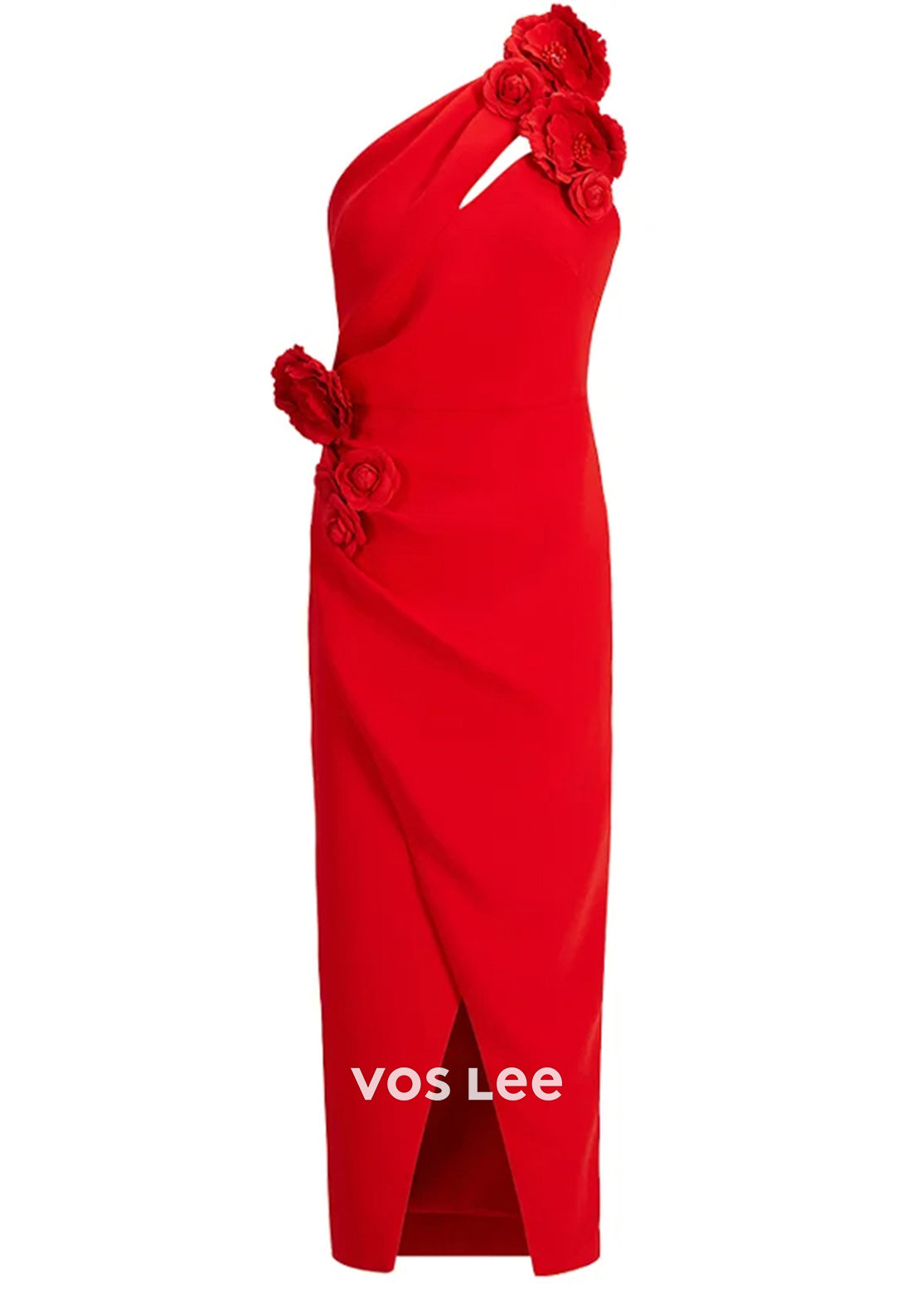 One Shoulder Floral Embellished Pleated Tea-Length Sheath Party Dresses with Split