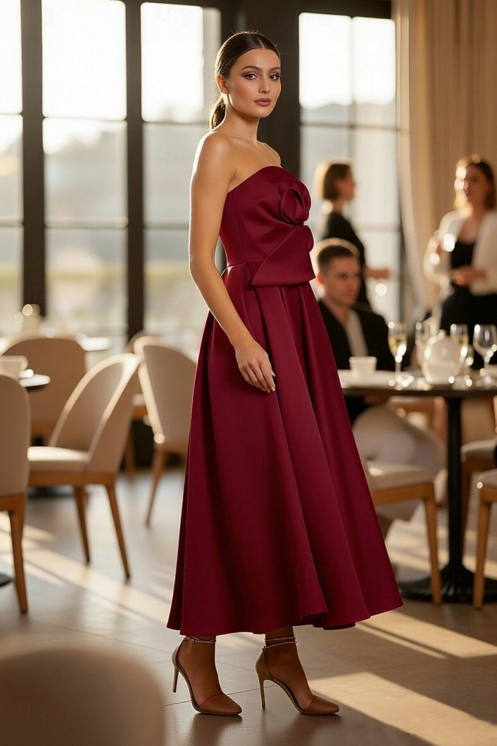 Burgundy Strapless Tea-Length Cocktail Dress | A-Line Formal Gown with Bow Detail