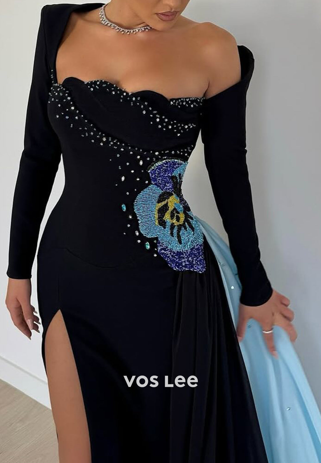 Sexy & Hot Long Sleeve Asymmetrical Neck High Split Pleated Mermaid Evening Dresses